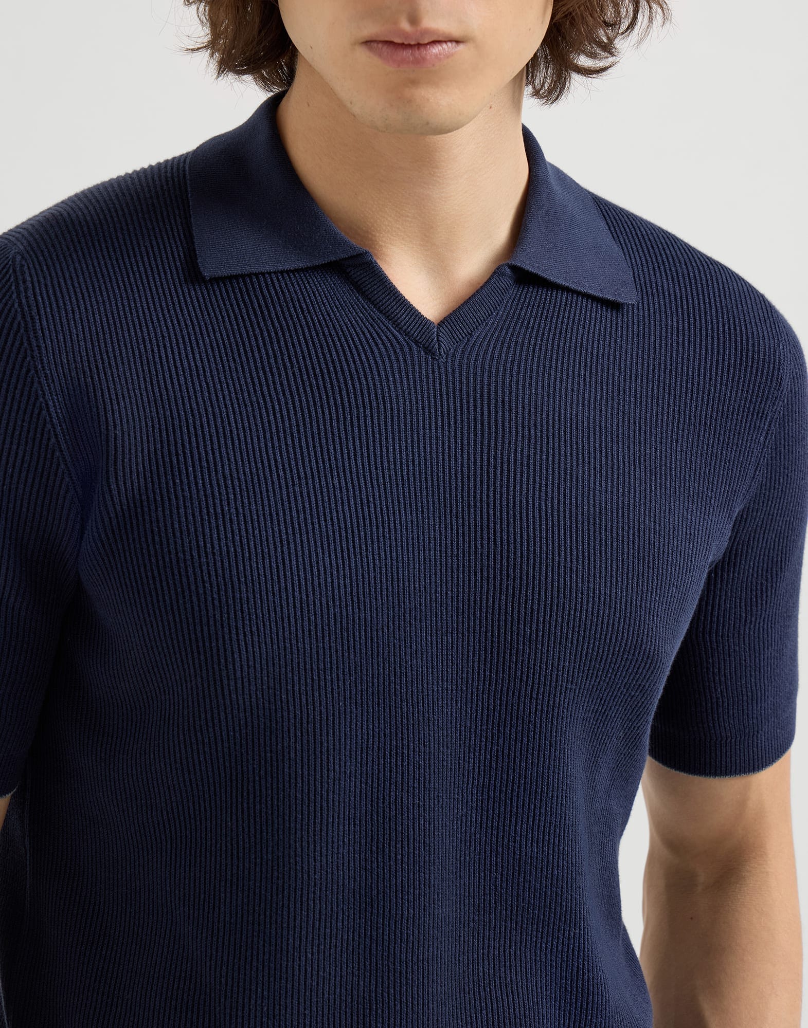 Brunello Cucinelli Polo em Malha Canelada de Algodão Azul Marinho