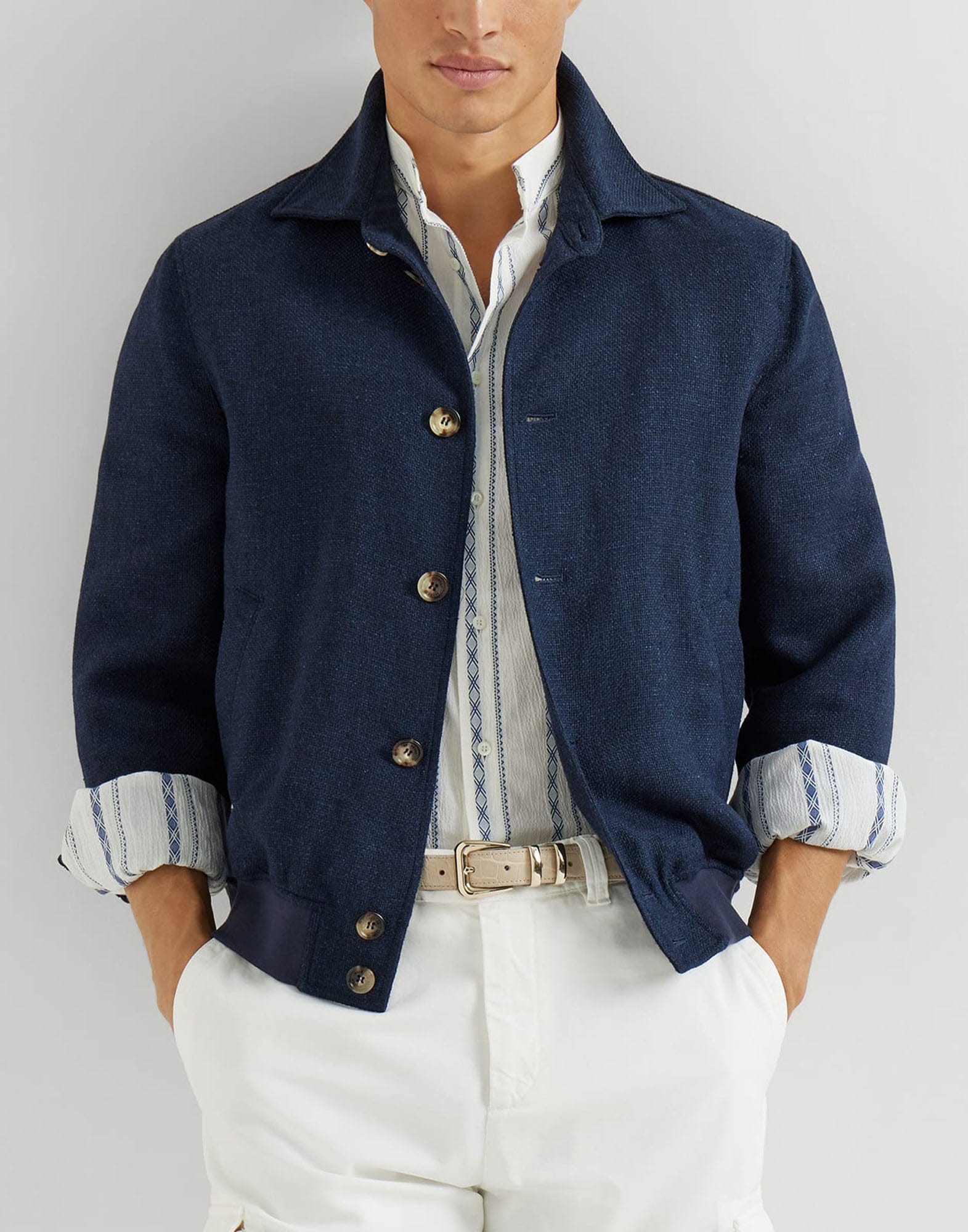Brunello Cucinelli Navy Blue Silk-Blend Hopsack Jacket | Sendegaro US