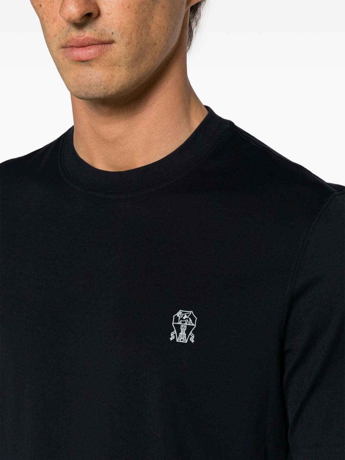 Brunello Cucinelli Navy Cotton Jersey Crew Neck Logo T-Shirt