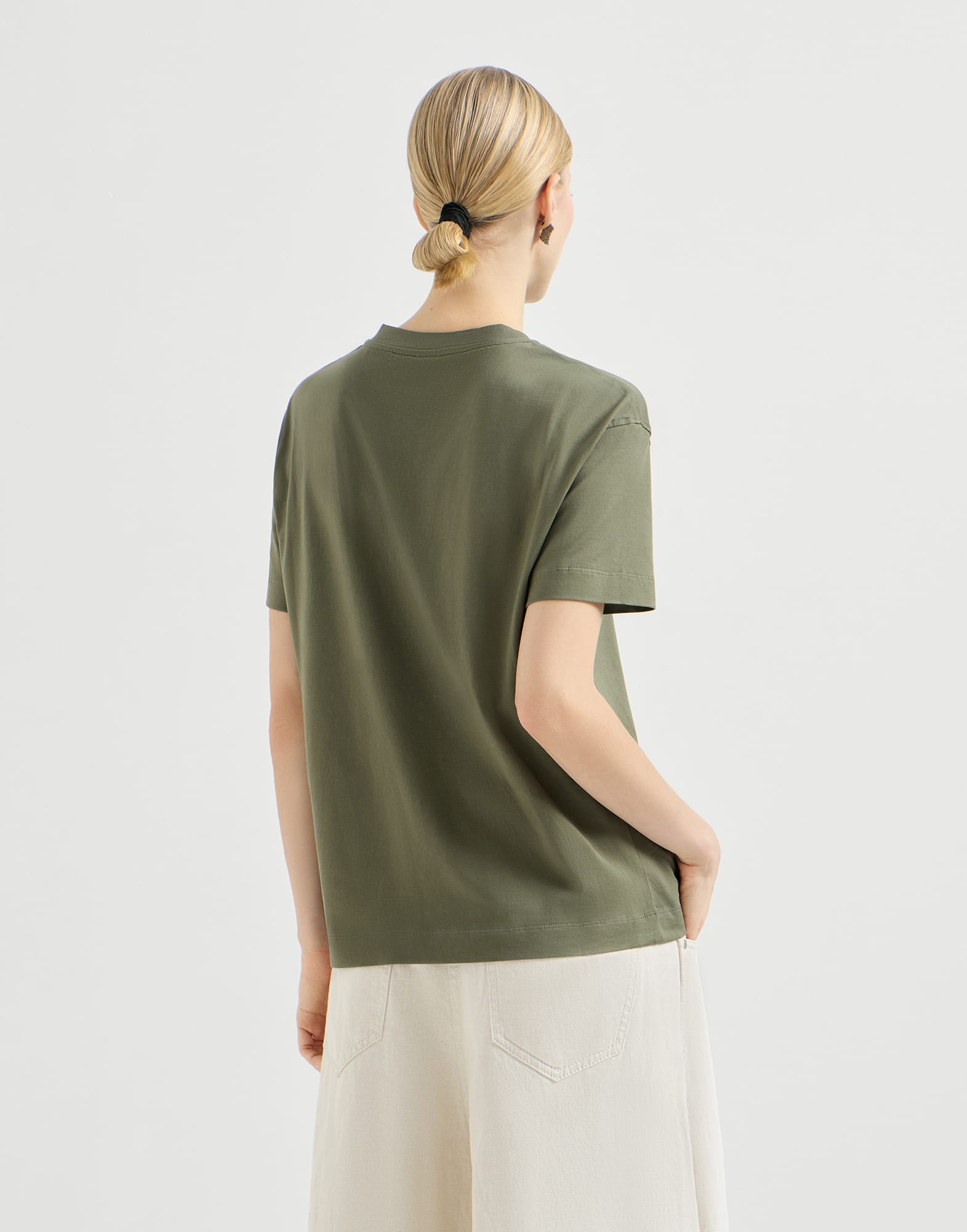 Brunello Cucinelli Olive Cotton Shiny Tab T-Shirt