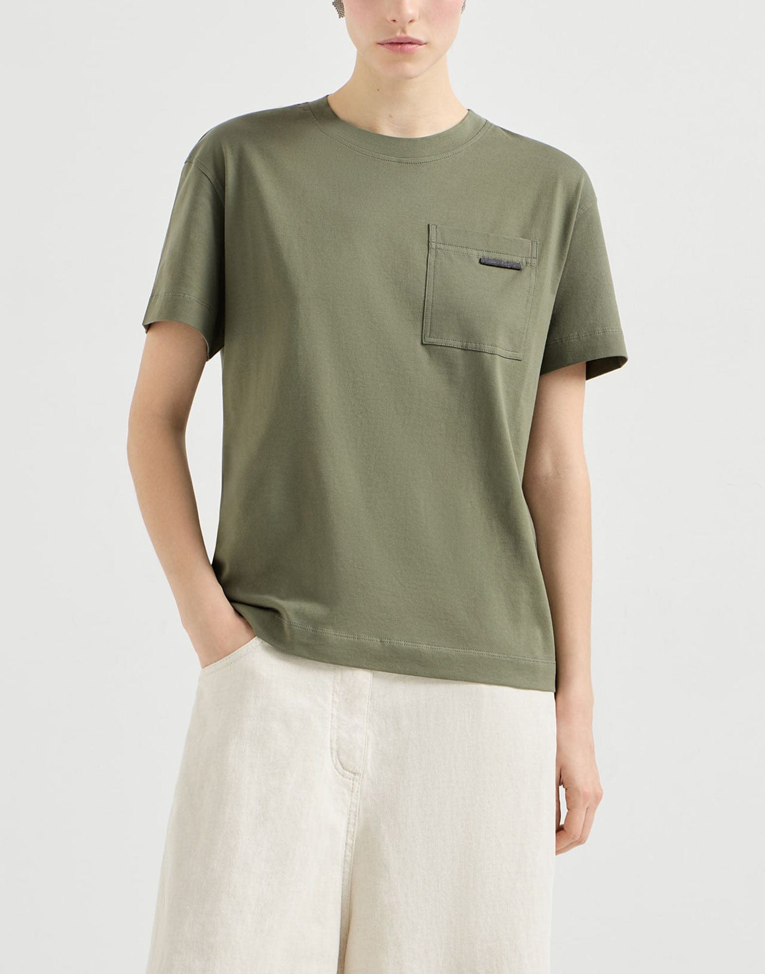 Brunello Cucinelli Olive Cotton Shiny Tab T-Shirt