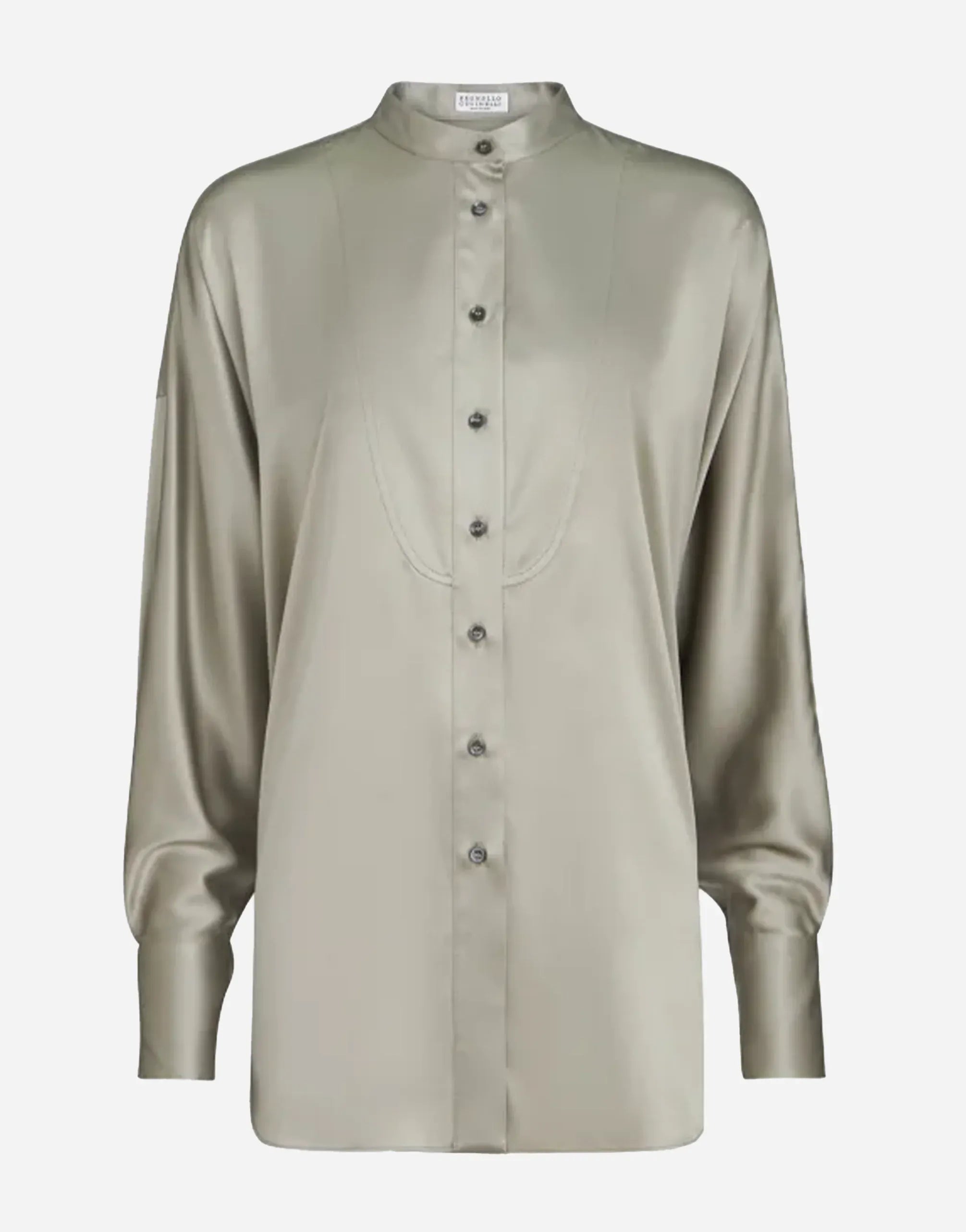 Brunello Cucinelli Olive Silk Satin Mandarin-Collar Shirt