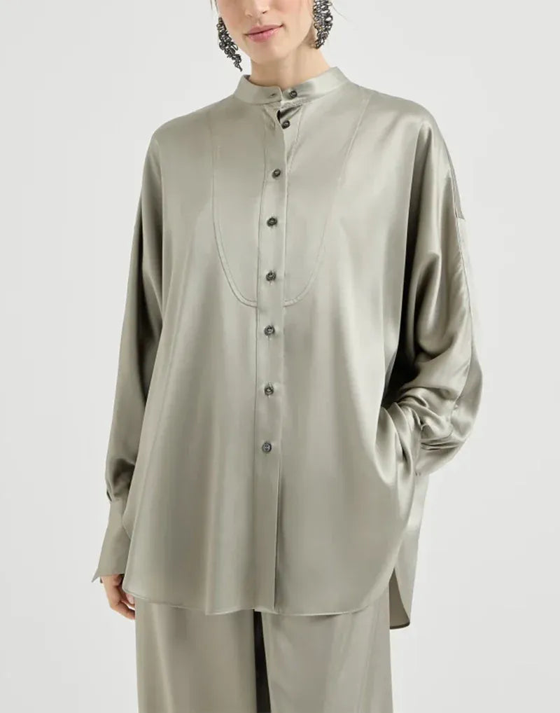 Brunello Cucinelli Olive Silk Satin Mandarin-Collar Shirt