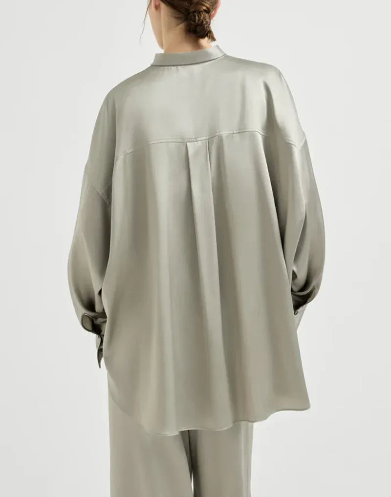Brunello Cucinelli Olive Silk Satin Mandarin-Collar Shirt
