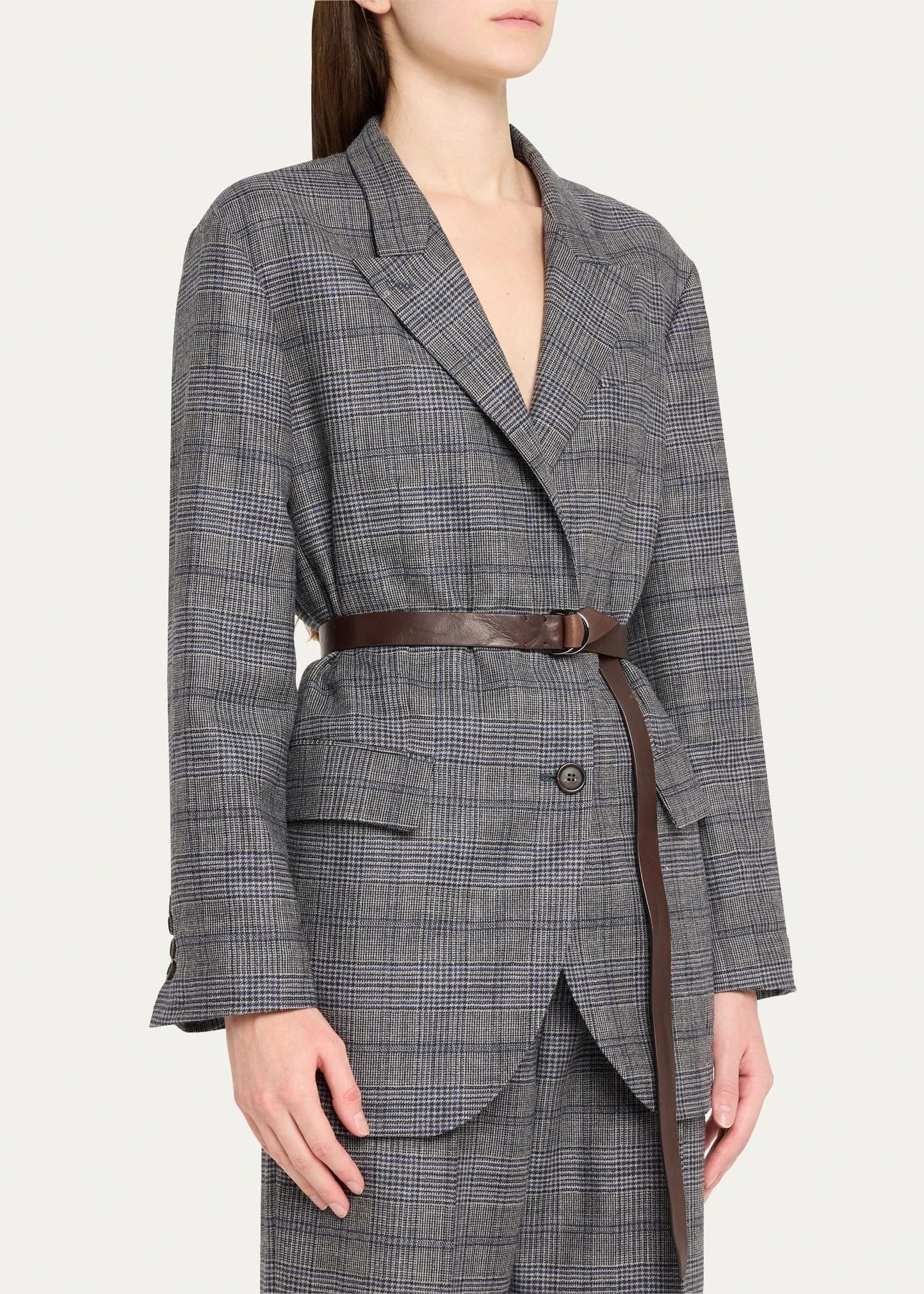 Brunello Cucinelli Prince Of Wales Belted Wool Blazer Jacket