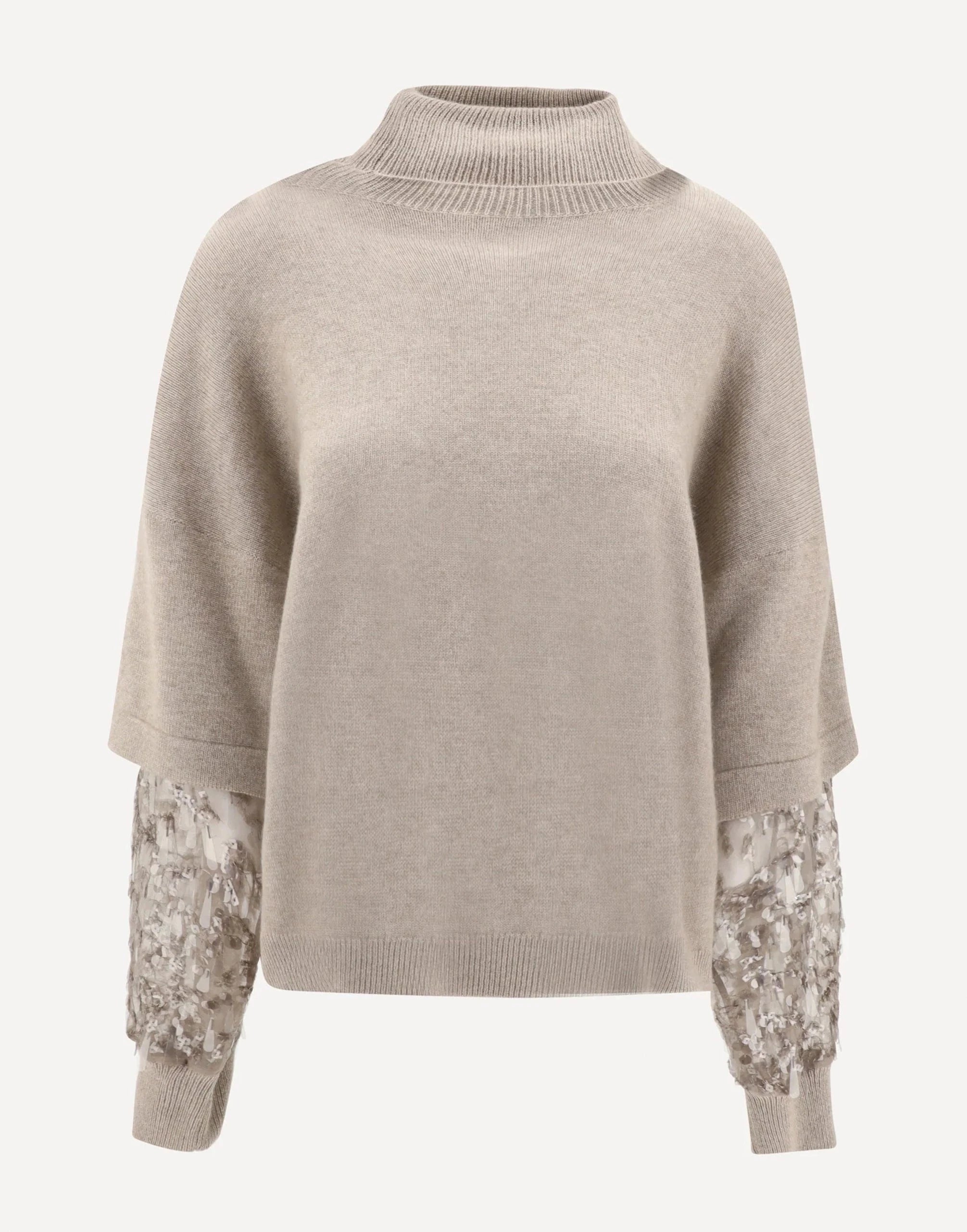 Brunello Cucinelli Sequined-Sleeves Cashmere Turtleneck Sweater