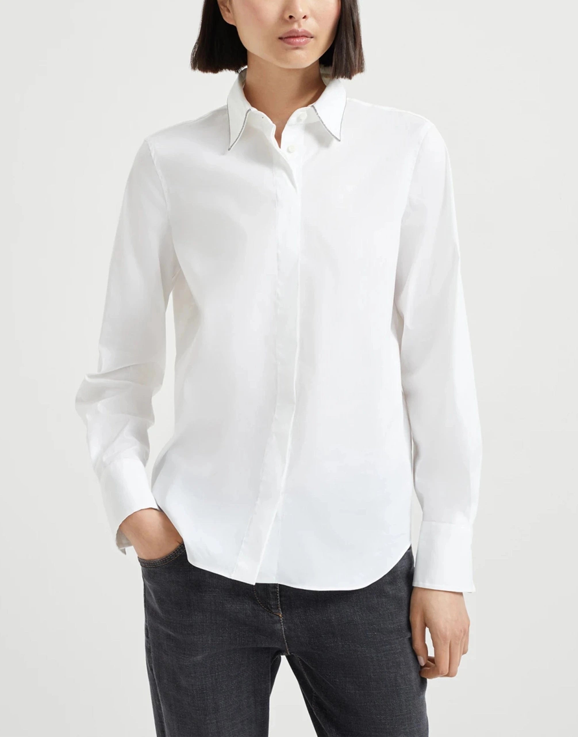 Brunello Cucinelli Shiny-Collar Cotton Poplin Shirt