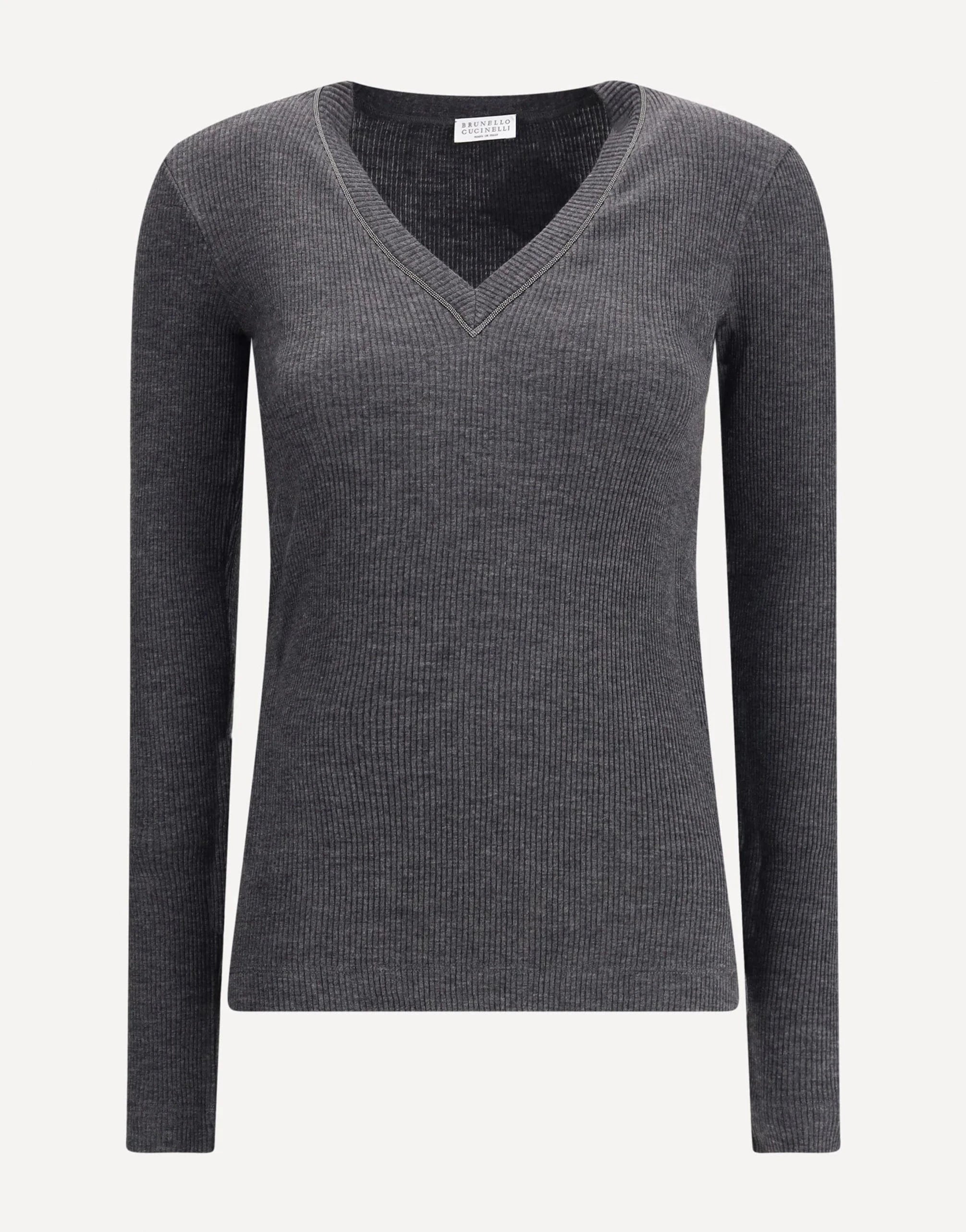Brunello Cucinelli Shiny Trim Ribbed Wool Top