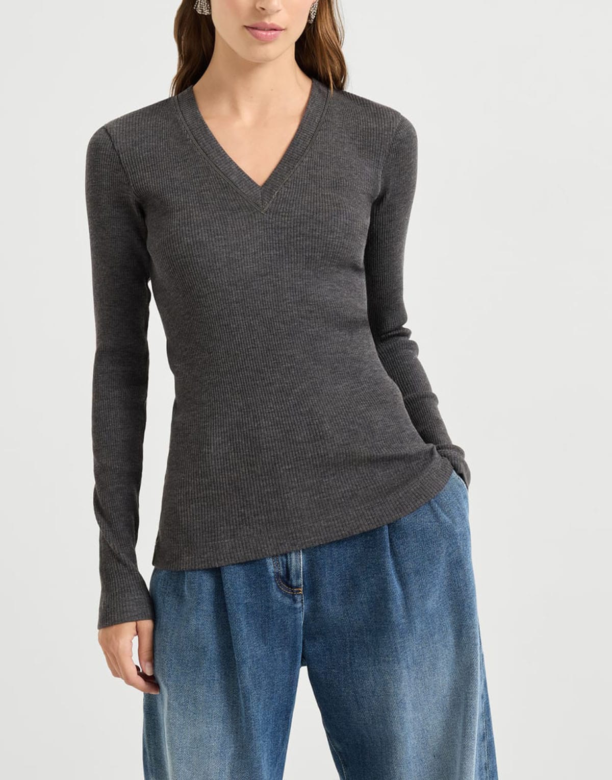 Brunello Cucinelli Shiny Trim Ribbed Wool Top