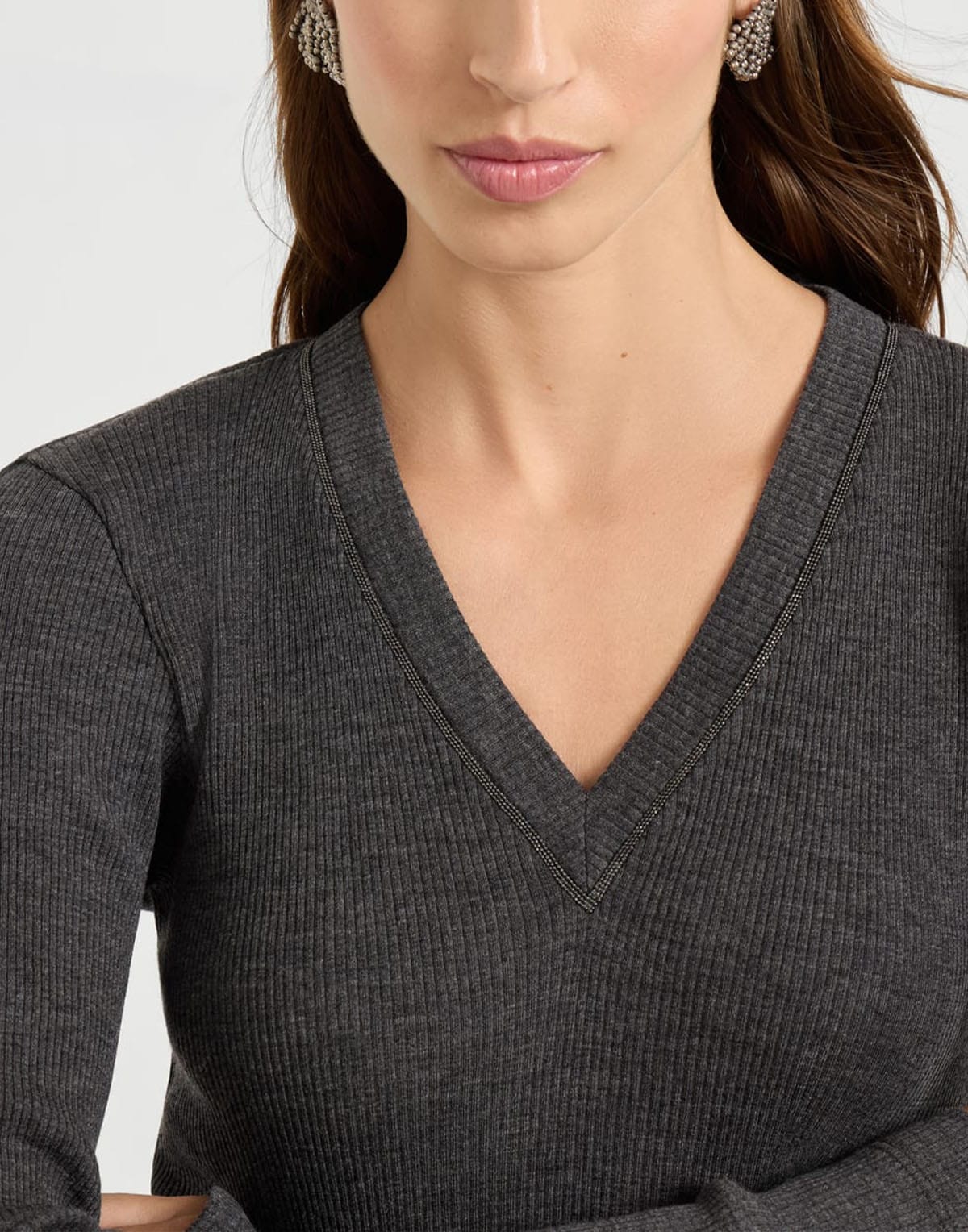 Brunello Cucinelli Shiny Trim Ribbed Wool Top