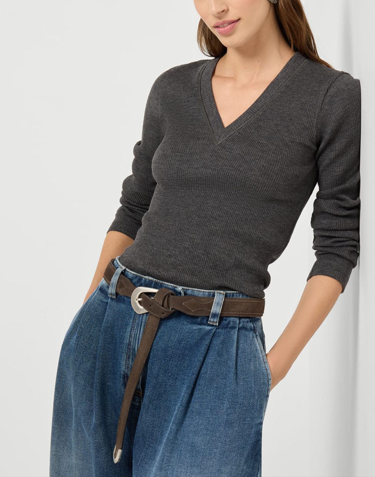 Brunello Cucinelli Shiny Trim Ribbed Wool Top