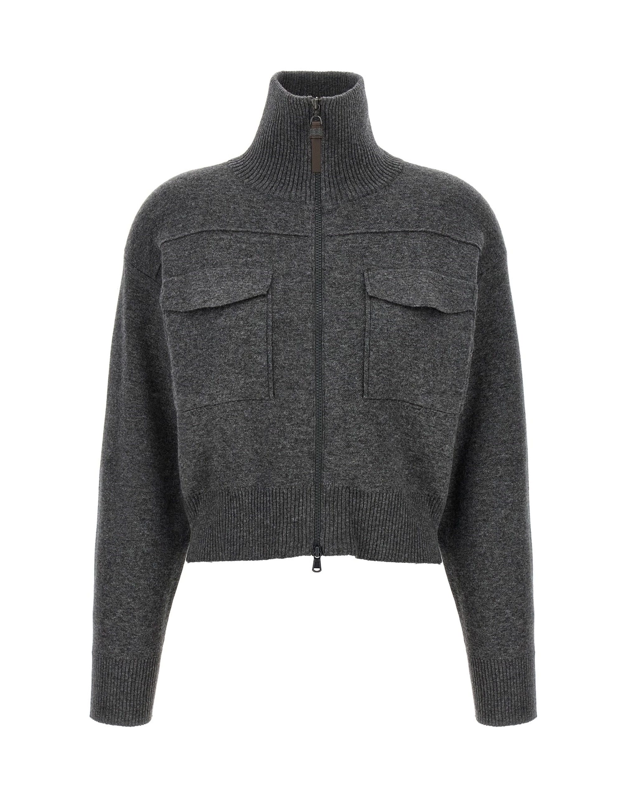 Brunello Cucinelli Brunello Cucinelli Shiny Zipper Pull Wool Cardigan