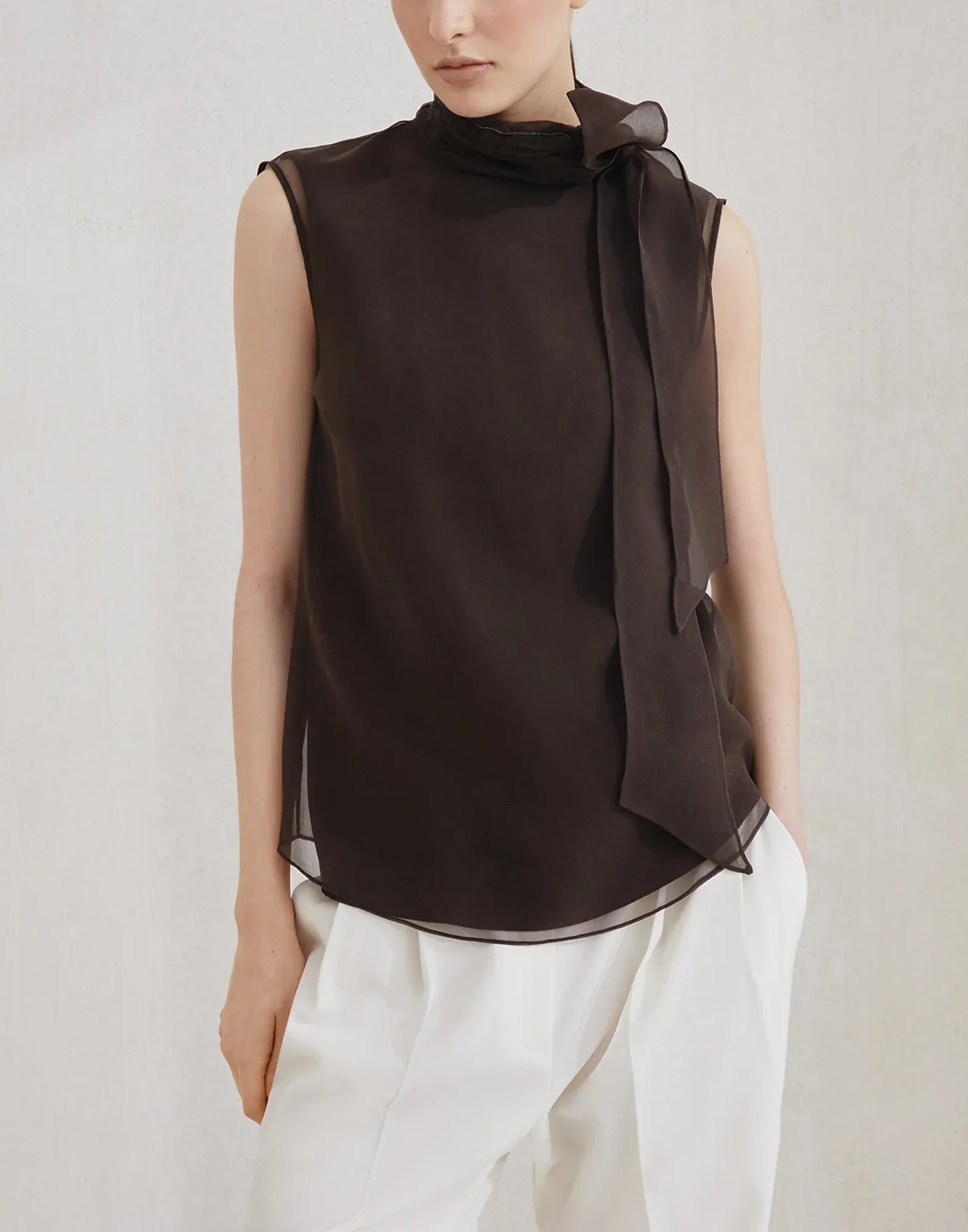 Brunello Cucinelli Silk Pussybow Monili Tank Top