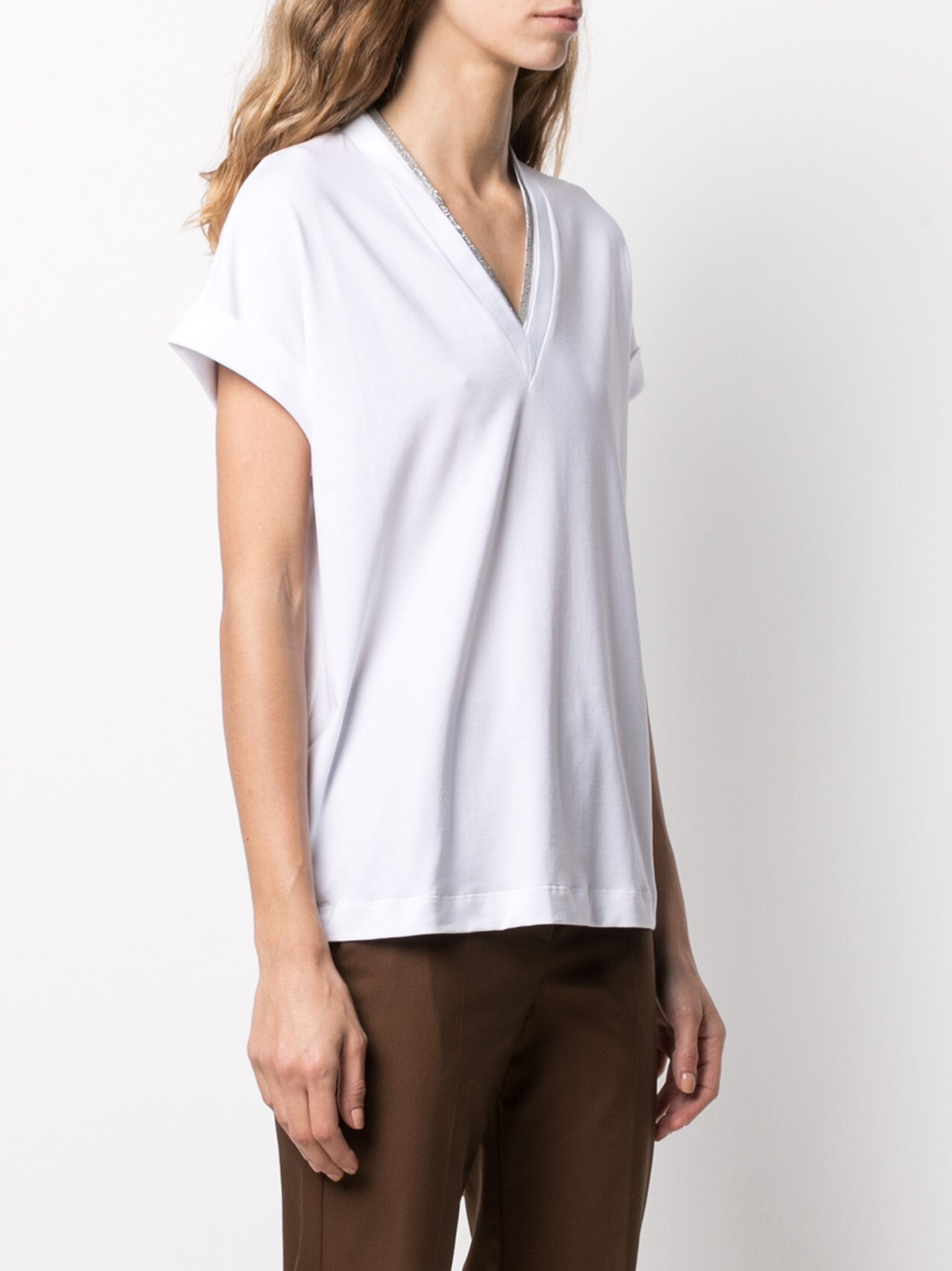 Brunello Cucinelli Silvery Trim V-Neck T-Shirt