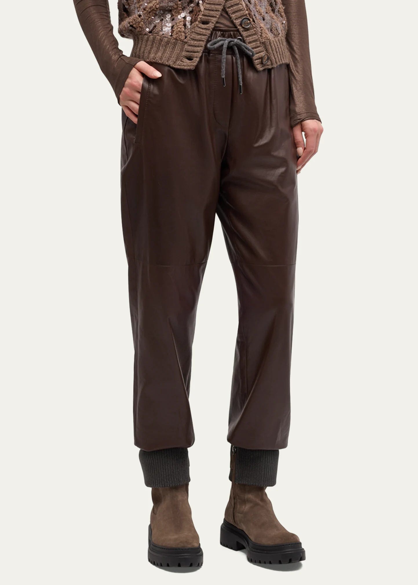 Brunello Cucinelli Smooth Glove Leather Track Pants