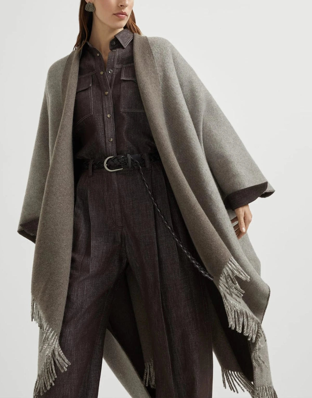 Brunello Cucinelli Sparkling Cashmere Chevron Reversible Poncho