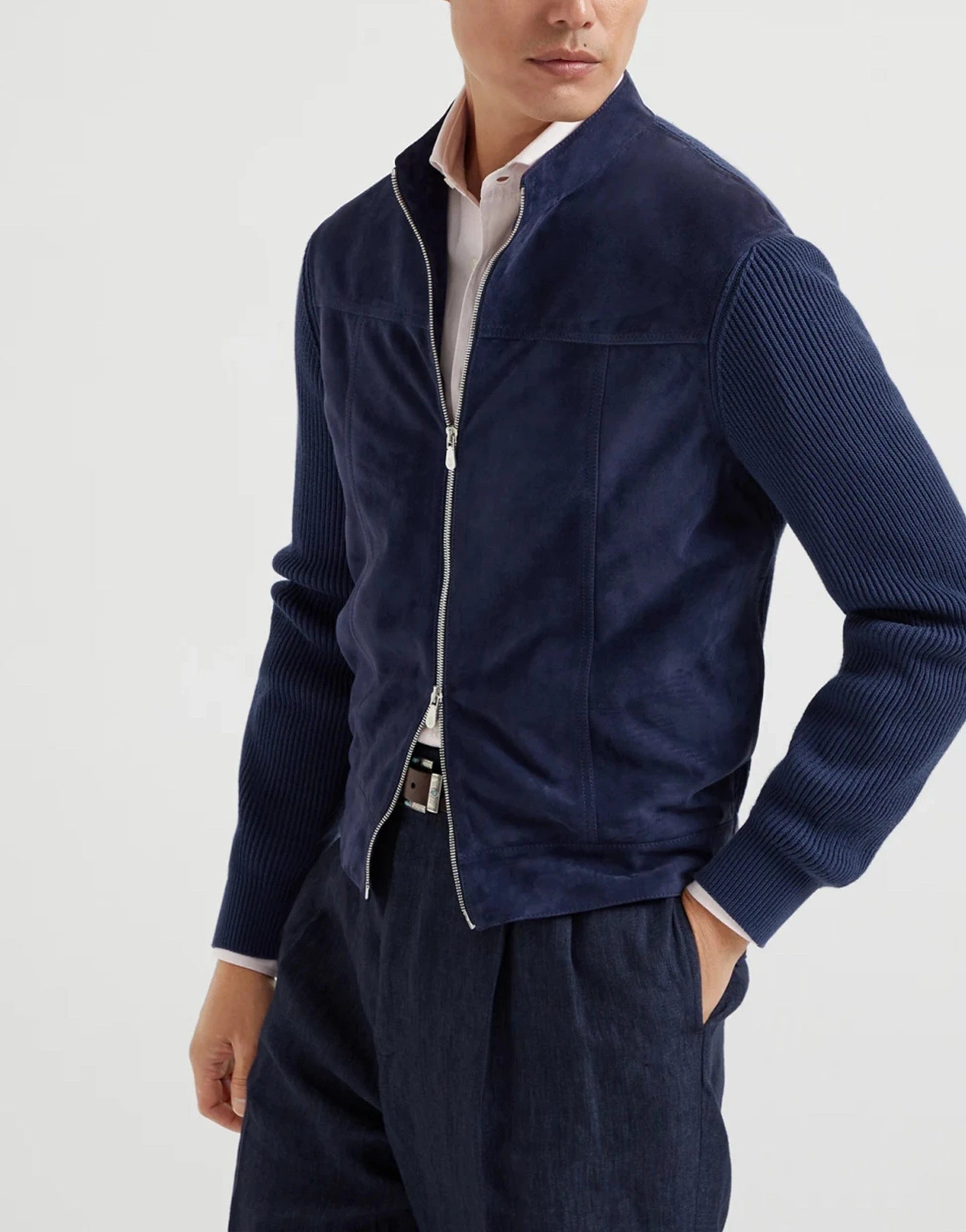 Brunello Cucinelli Suede Knit Bomber Jacket