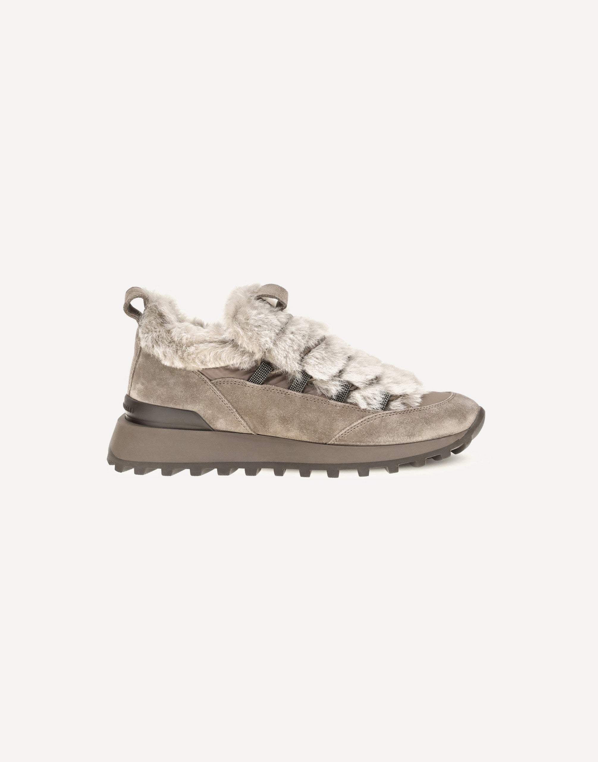 Brunello Cucinelli baskets en daim et coton technique avec doublure en shearling et détail Monili