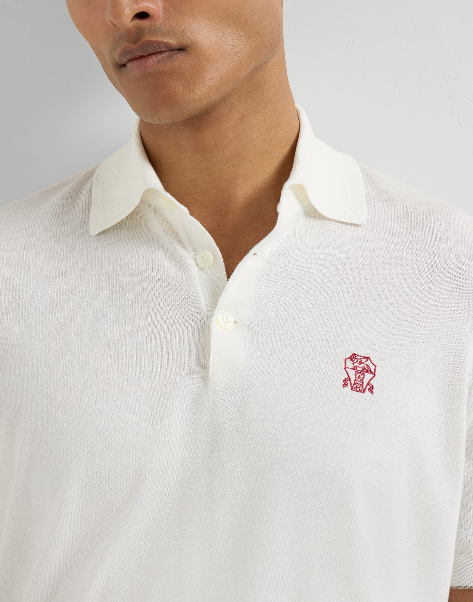 Brunello Cucinelli White Cotton Knit Polo Logo Shirt | Sendegaro JP