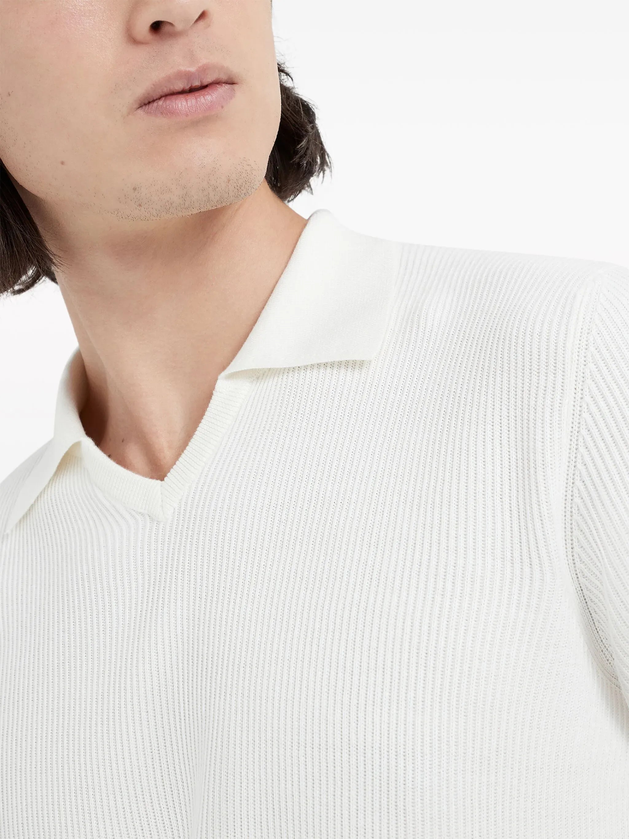 Brunello Cucinelli White Cotton Rib Knit Polo