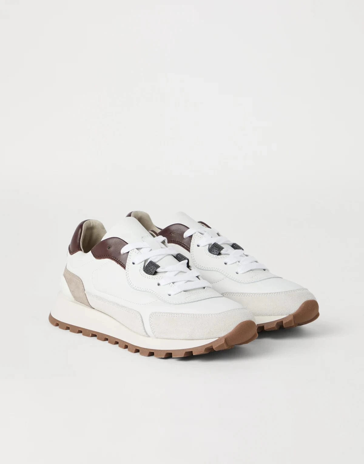 Brunello Cucinelli White Leather Suede Shiny-Details Sneakers
