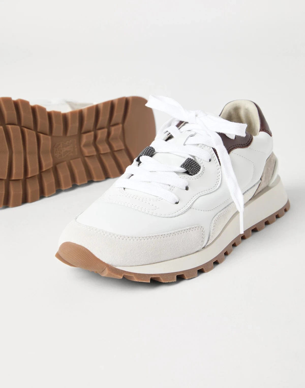 Brunello Cucinelli White Leather Suede Shiny-Details Sneakers