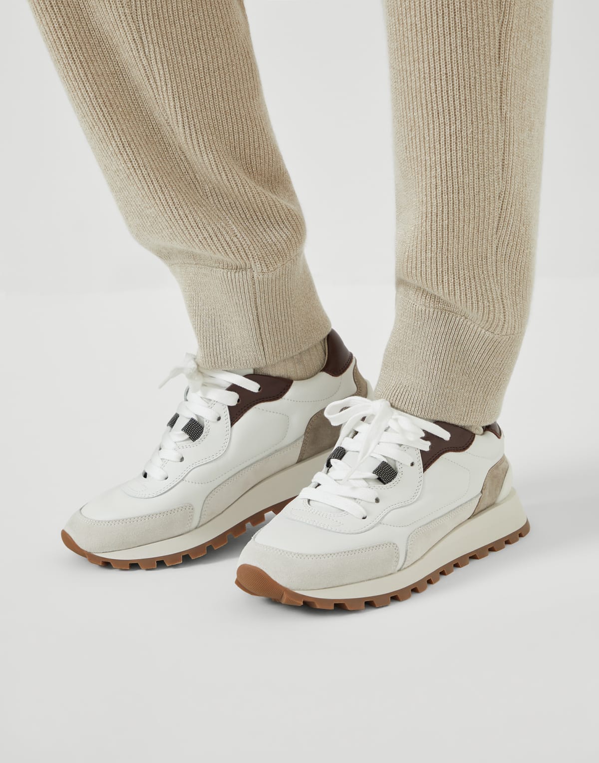 Brunello Cucinelli White Leather Suede Shiny-Details Sneakers