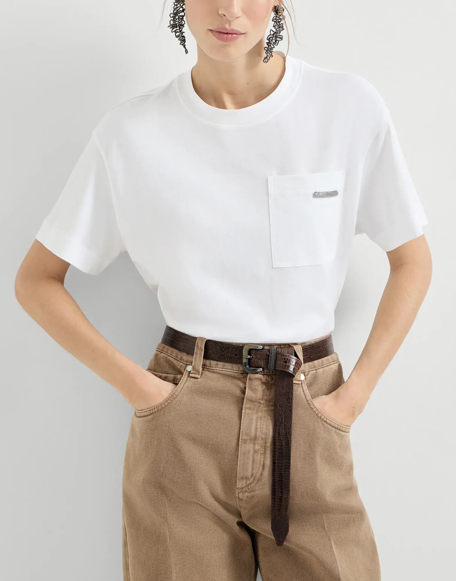 Brunello Cucinelli White Shiny Tab Jersey T-Shirt