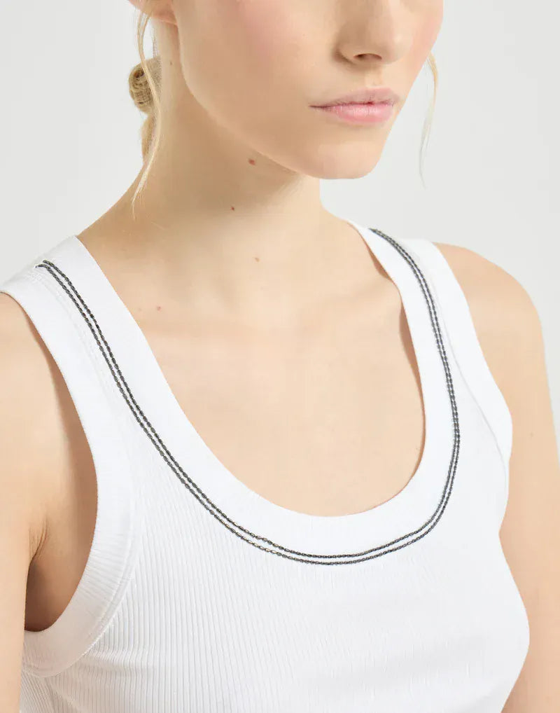Brunello Cucinelli White Shiny Trim Ribbed Tank Top