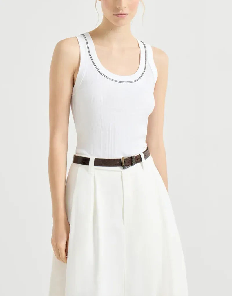 Brunello Cucinelli White Shiny Trim Ribbed Tank Top