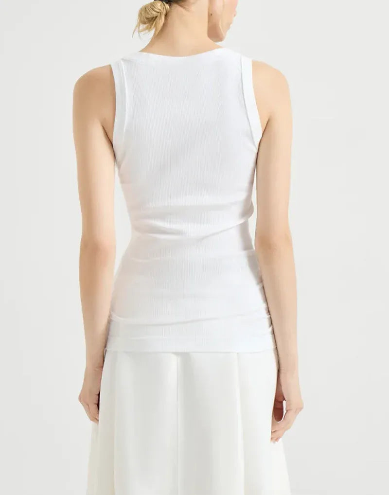 Brunello Cucinelli White Shiny Trim Ribbed Tank Top