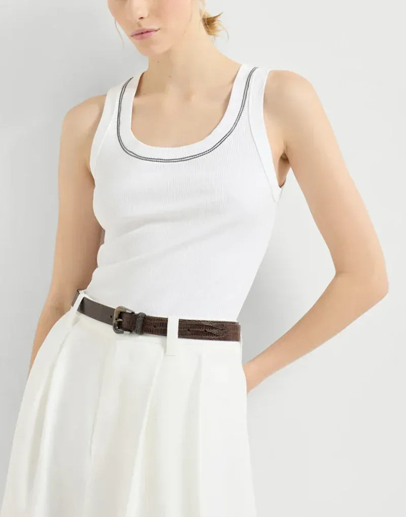 Brunello Cucinelli White Shiny Trim Ribbed Tank Top
