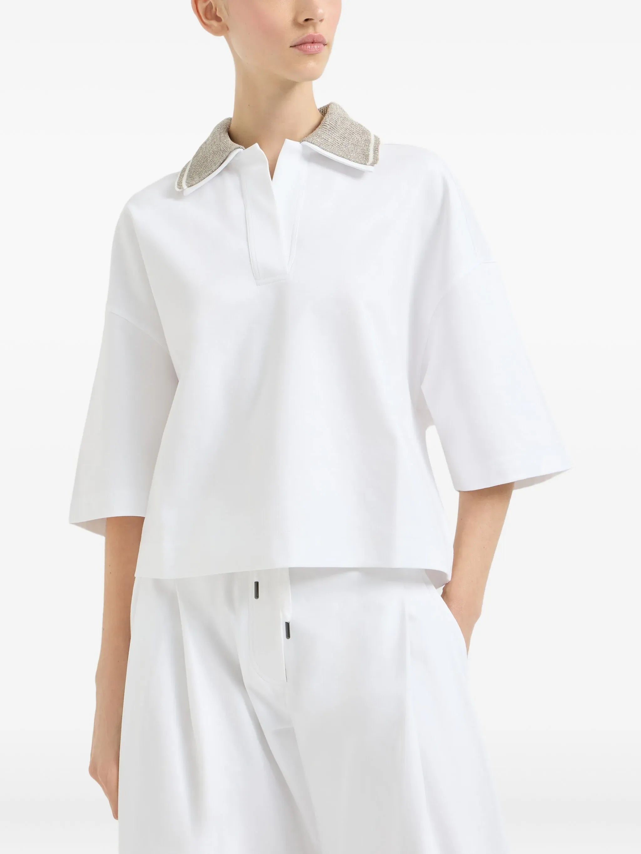 Brunello Cucinelli White Sparkling Knit-Collar Polo