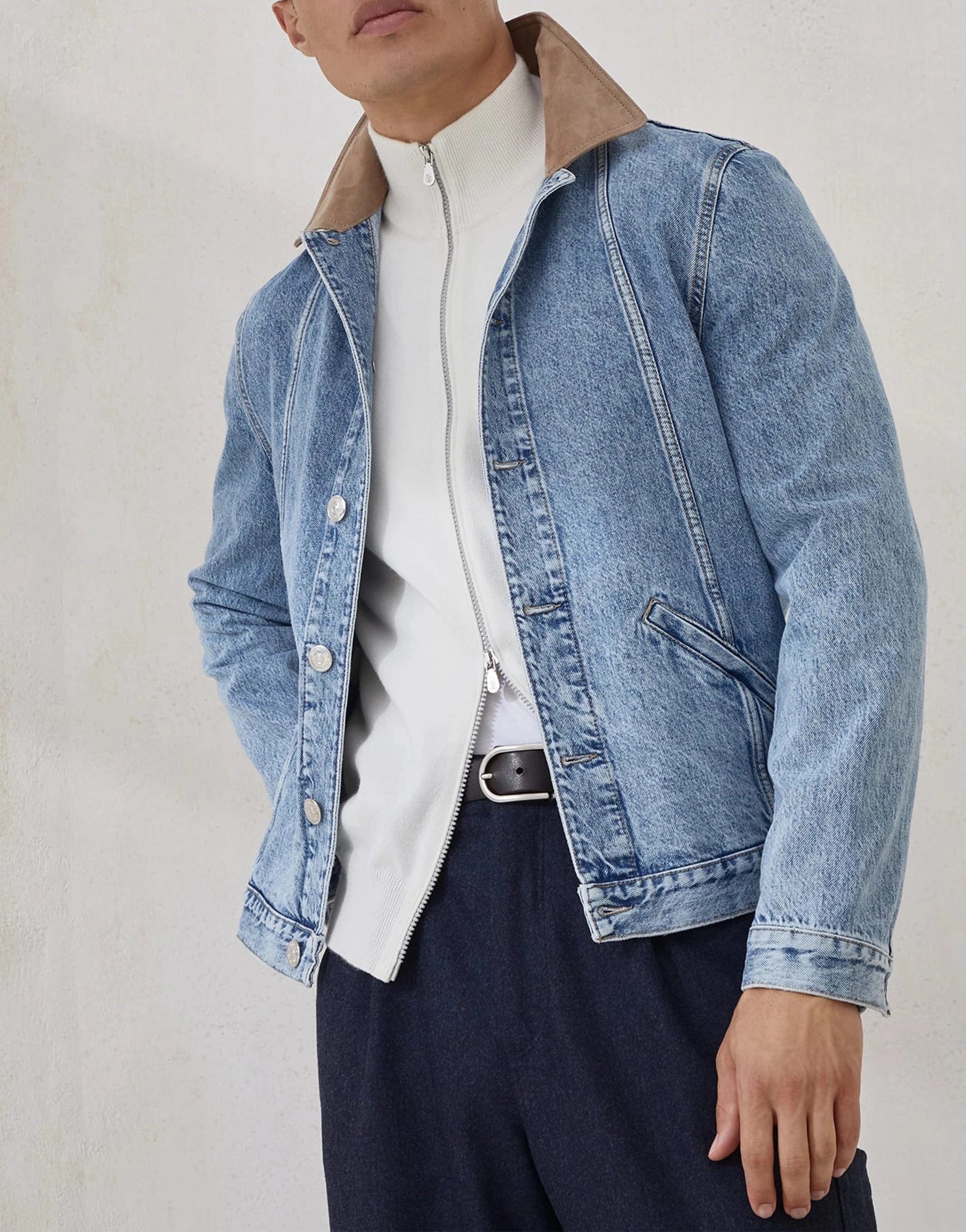 Brunello Cucinelli White Zip-Up Cashmere Turtleneck Cardigan