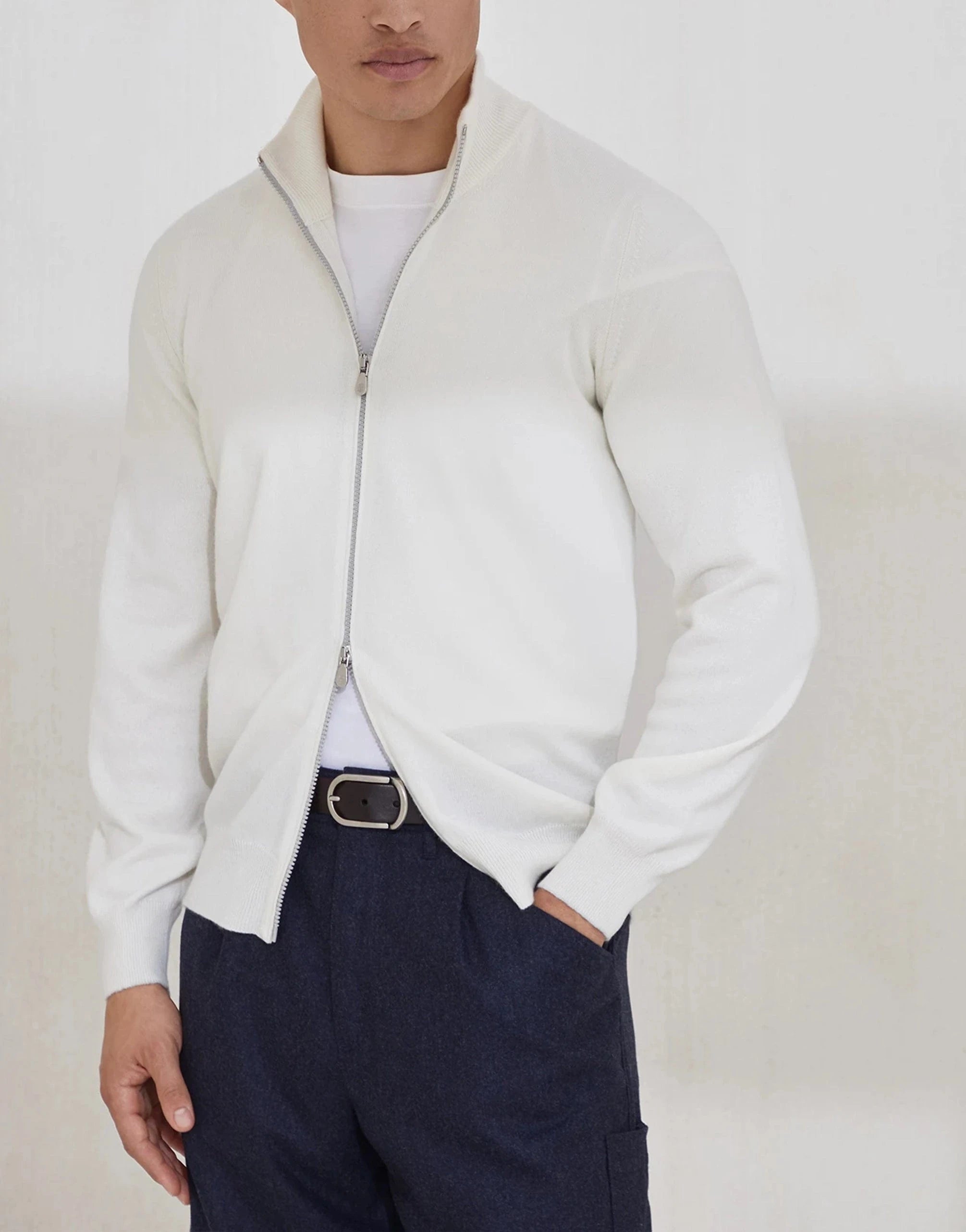 Brunello Cucinelli White Zip-Up Cashmere Turtleneck Cardigan