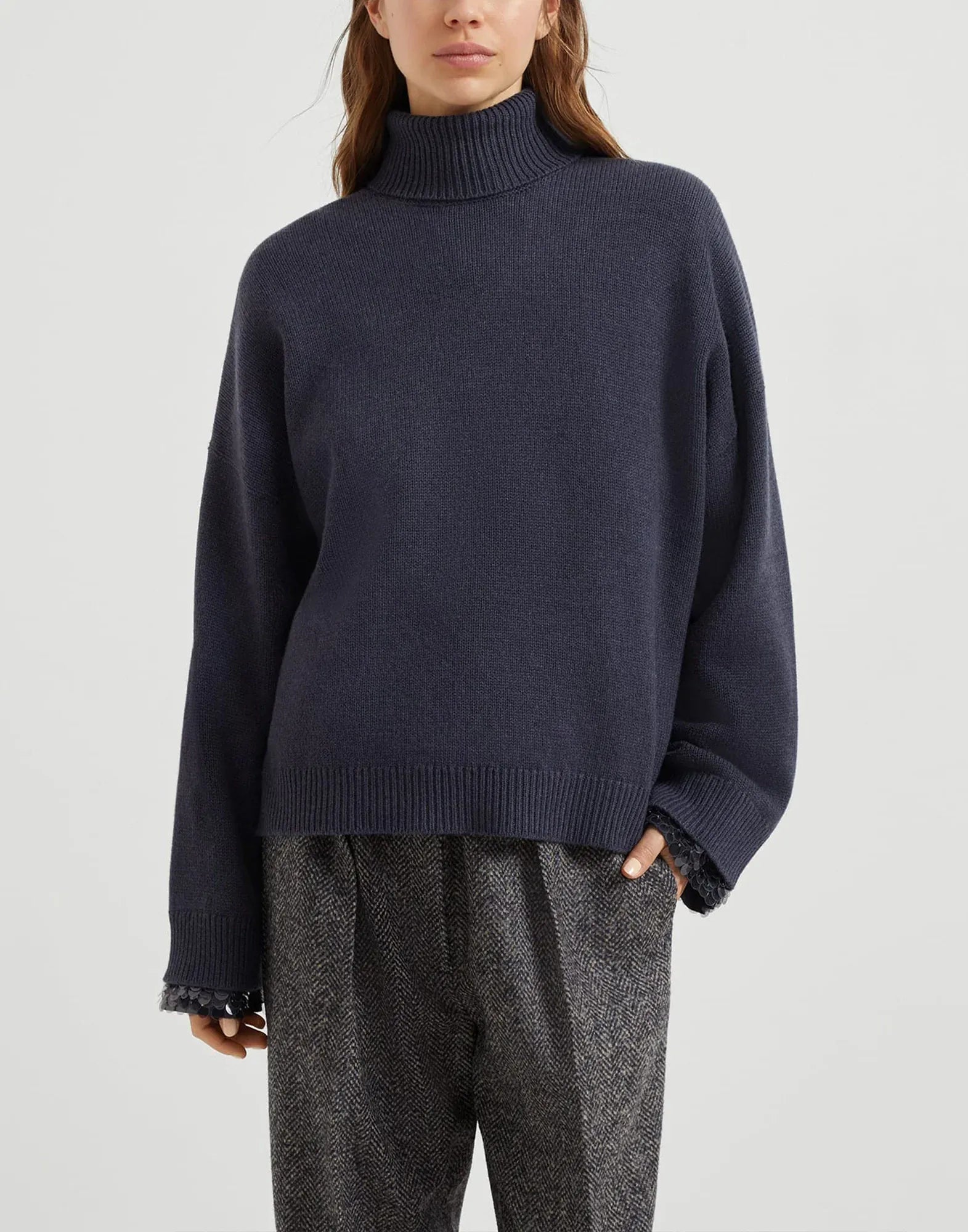 Brunello Cucinelli Wool-Blend Drop Cuffs Turtleneck Sweater