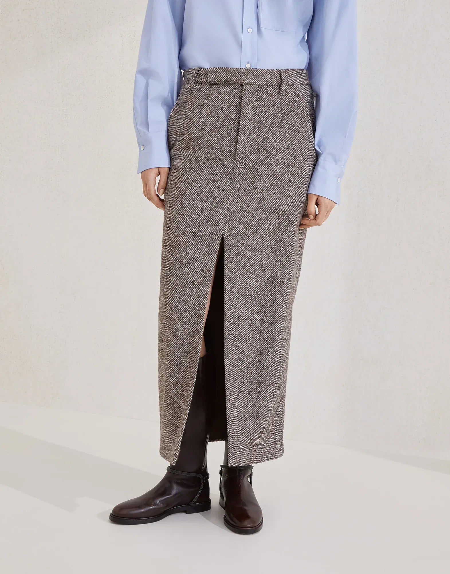 Brunello Cucinelli Wool-Blend Mélange Diagonal Pencil Skirt