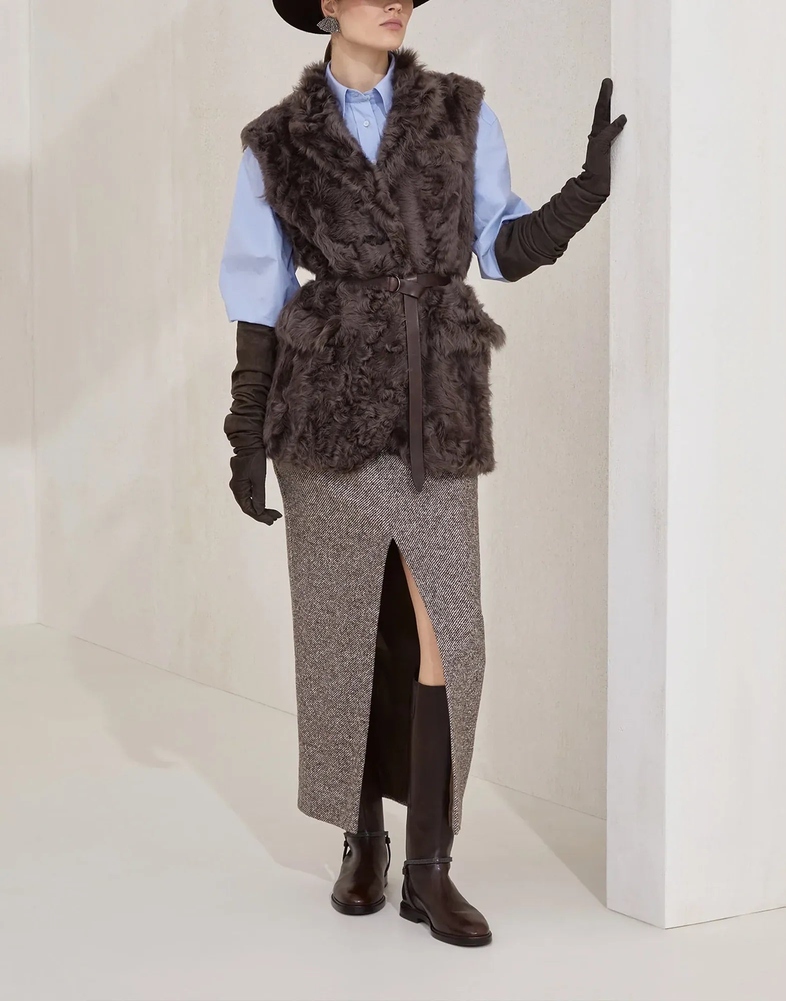 Brunello Cucinelli Wool-Blend Mélange Diagonal Pencil Skirt