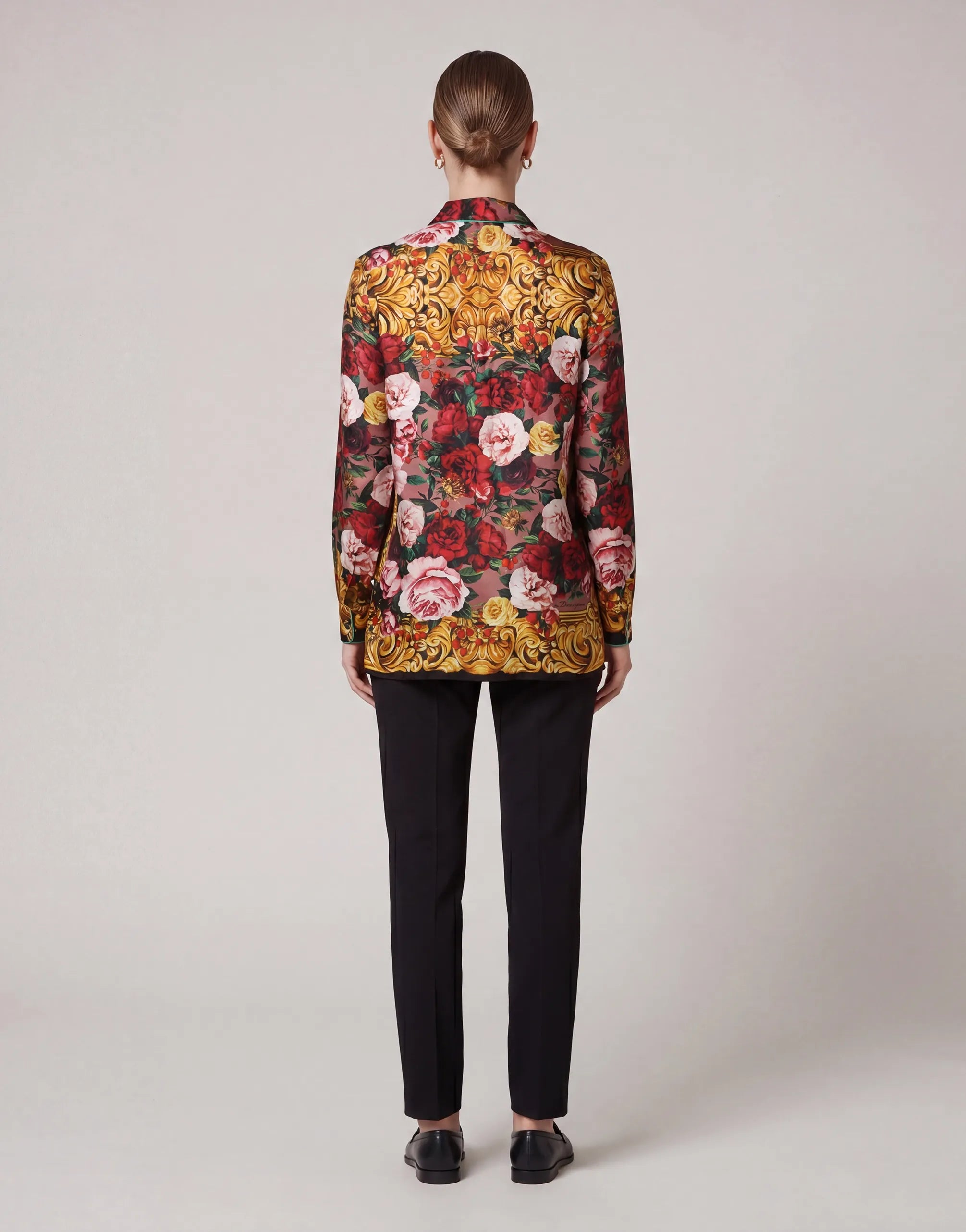 Dolce & Gabbana Baroque Floral Print Silk Shirt with Piping Detail