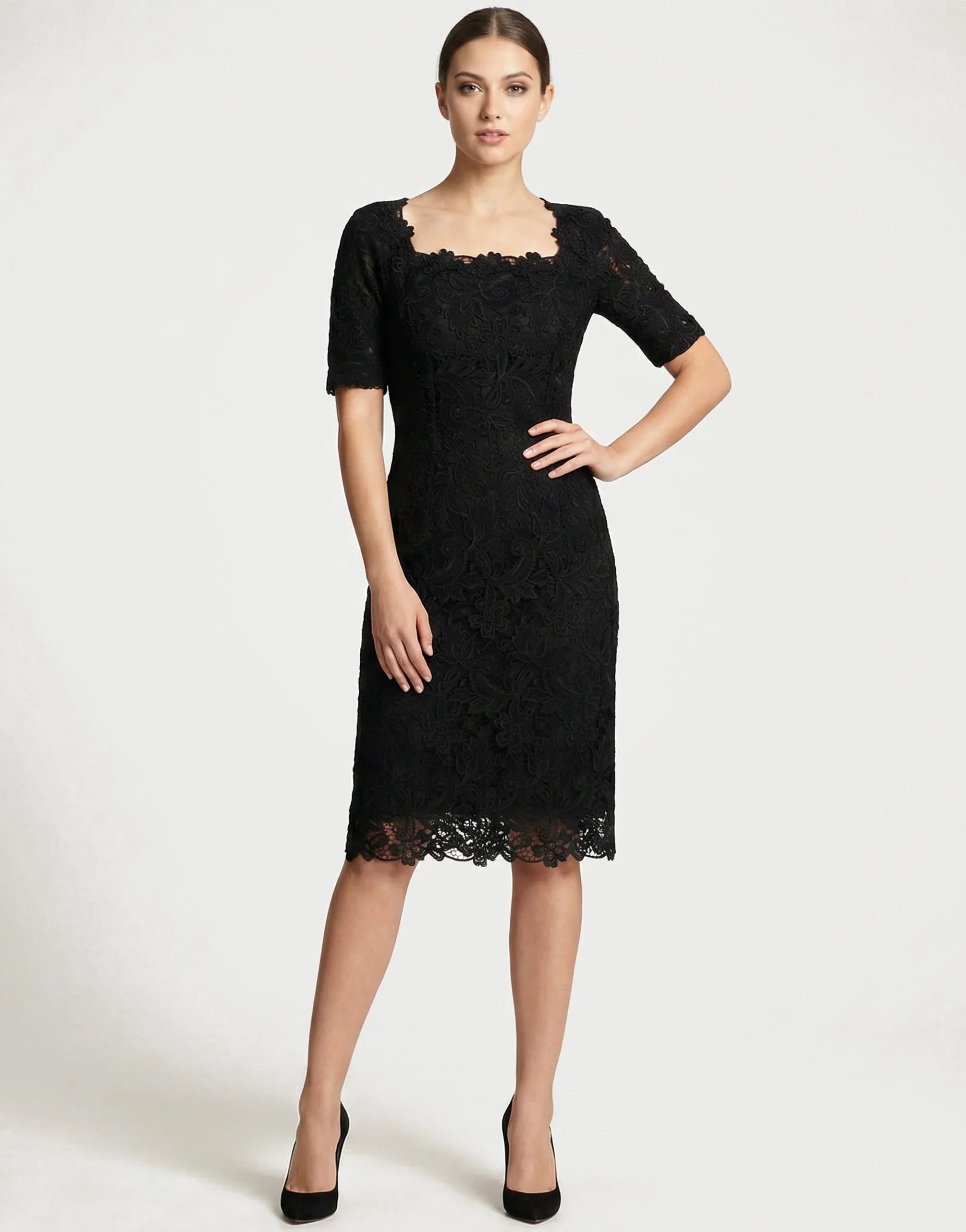 slim fit dress slacks Dolce & Gabbana Black Floral Lace Square-Neck Sheath Midi Dress
