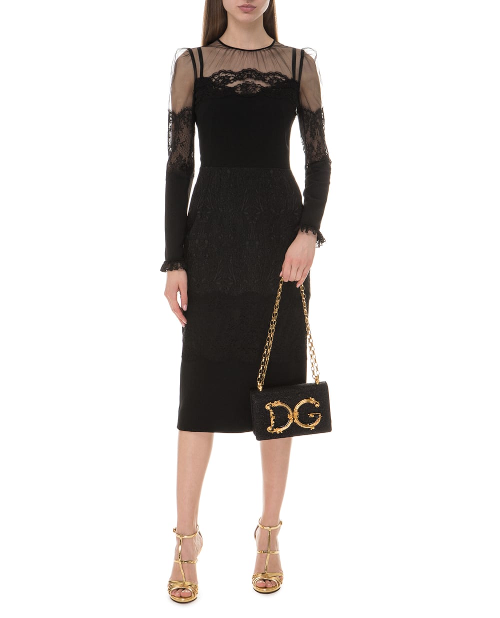 Dolce & Gabbana Brocade Embellished Tulle Lace Midi Dress