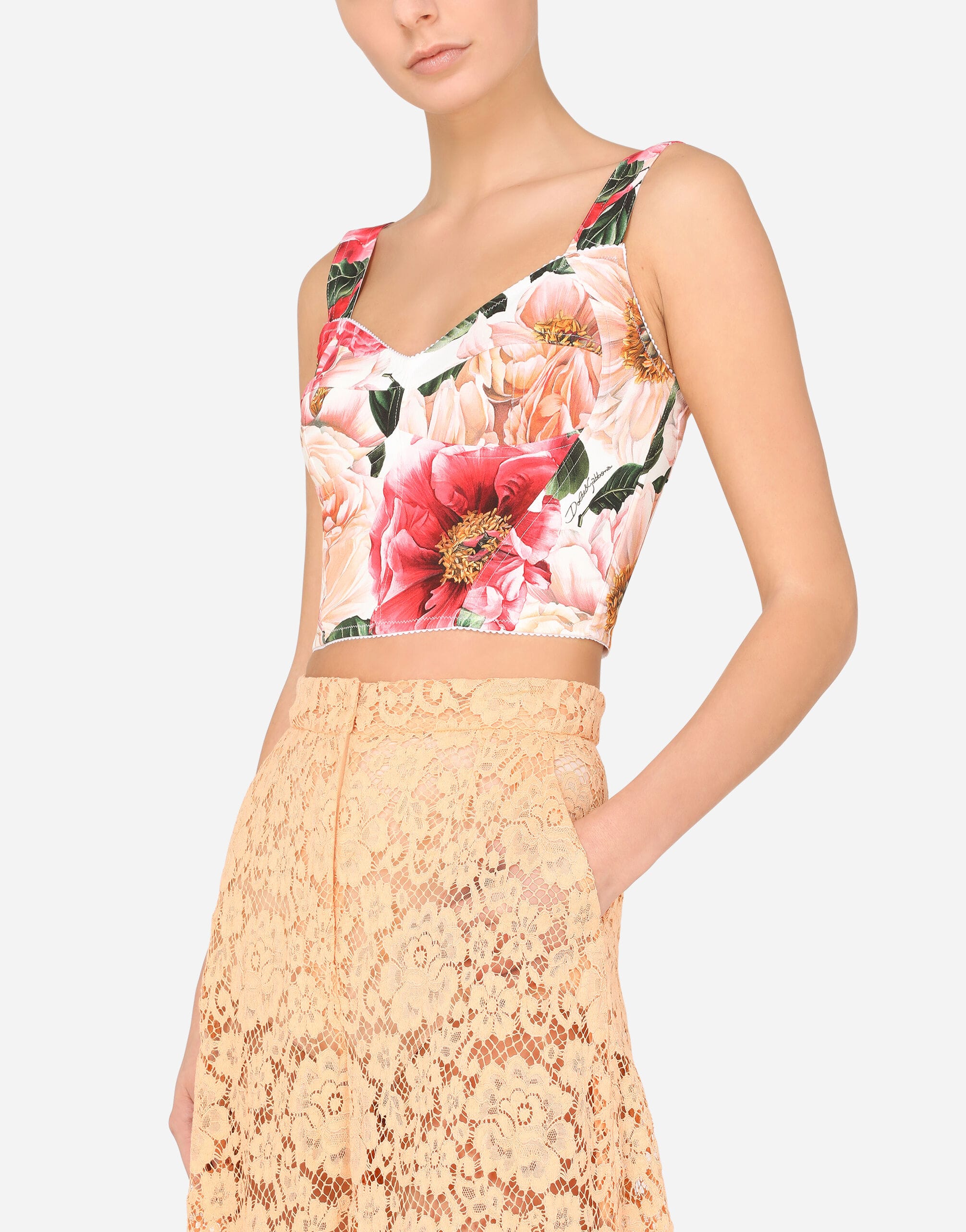 Dolce & Gabbana Dolce & Gabbana Camellia-Print Charmeuse Bustier Top