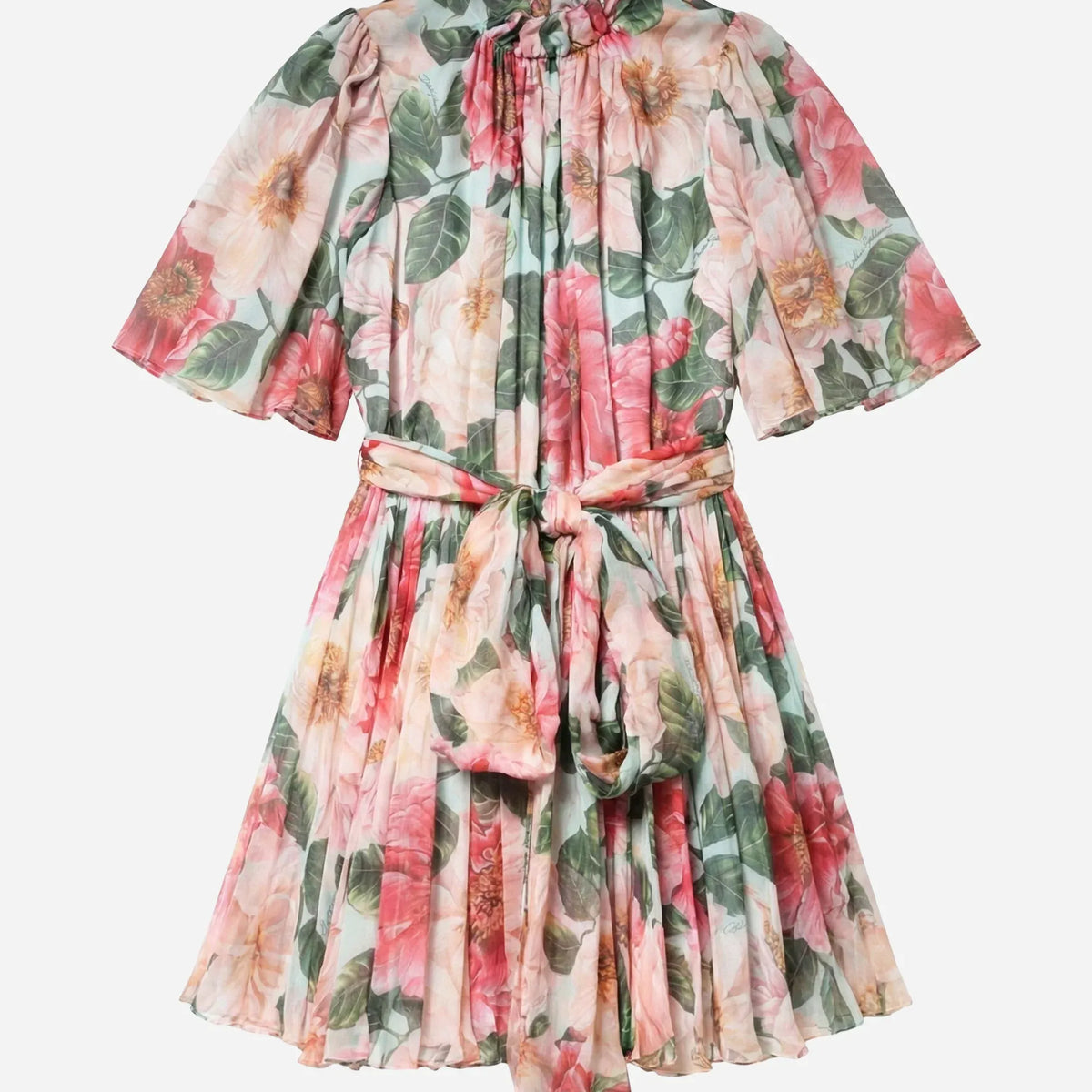 Dolce & Gabbana Camellia-Print Pleated Silk-Chiffon Mini Dress