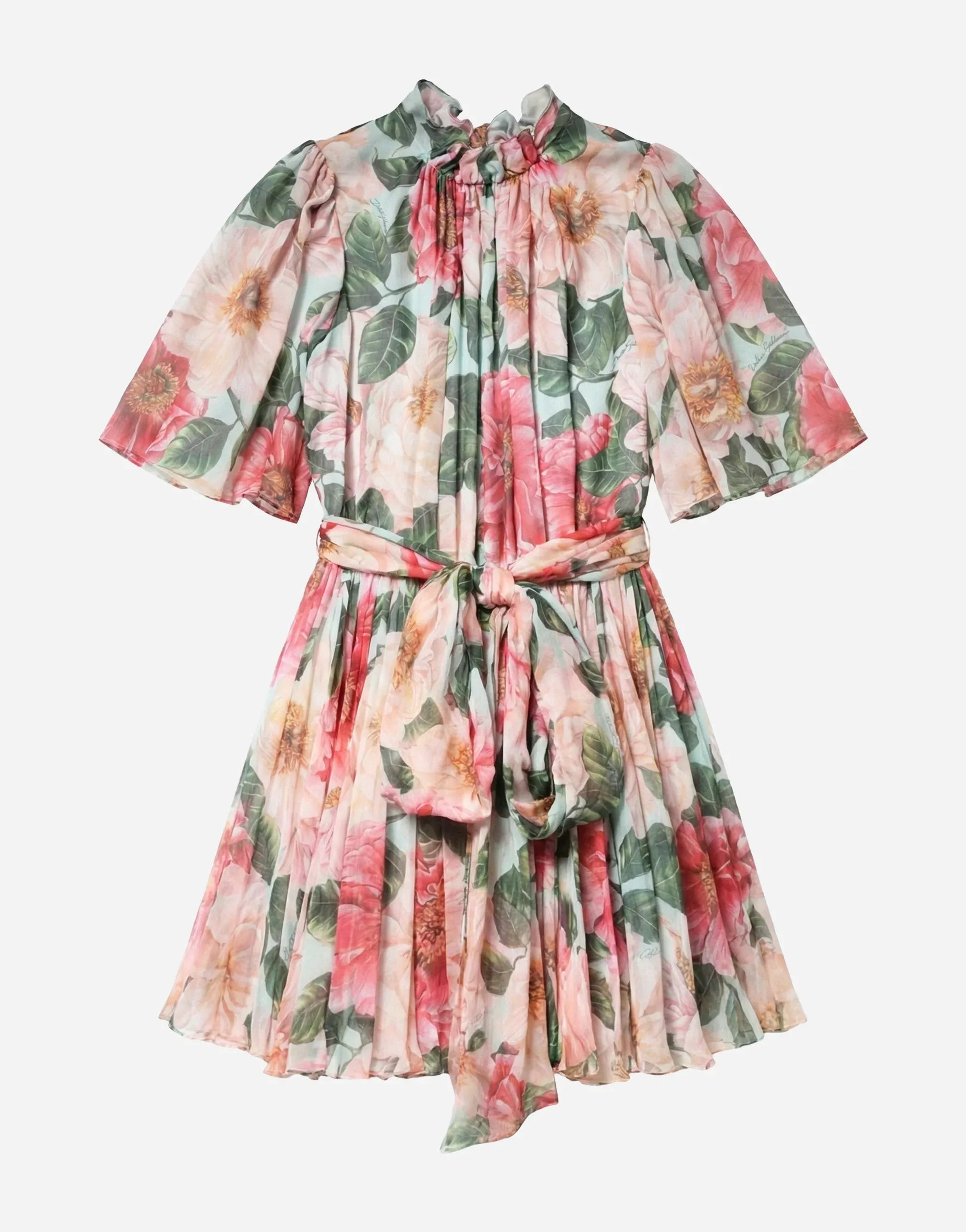 Dolce & Gabbana Camellia-Print Pleated Silk-Chiffon Mini Dress
