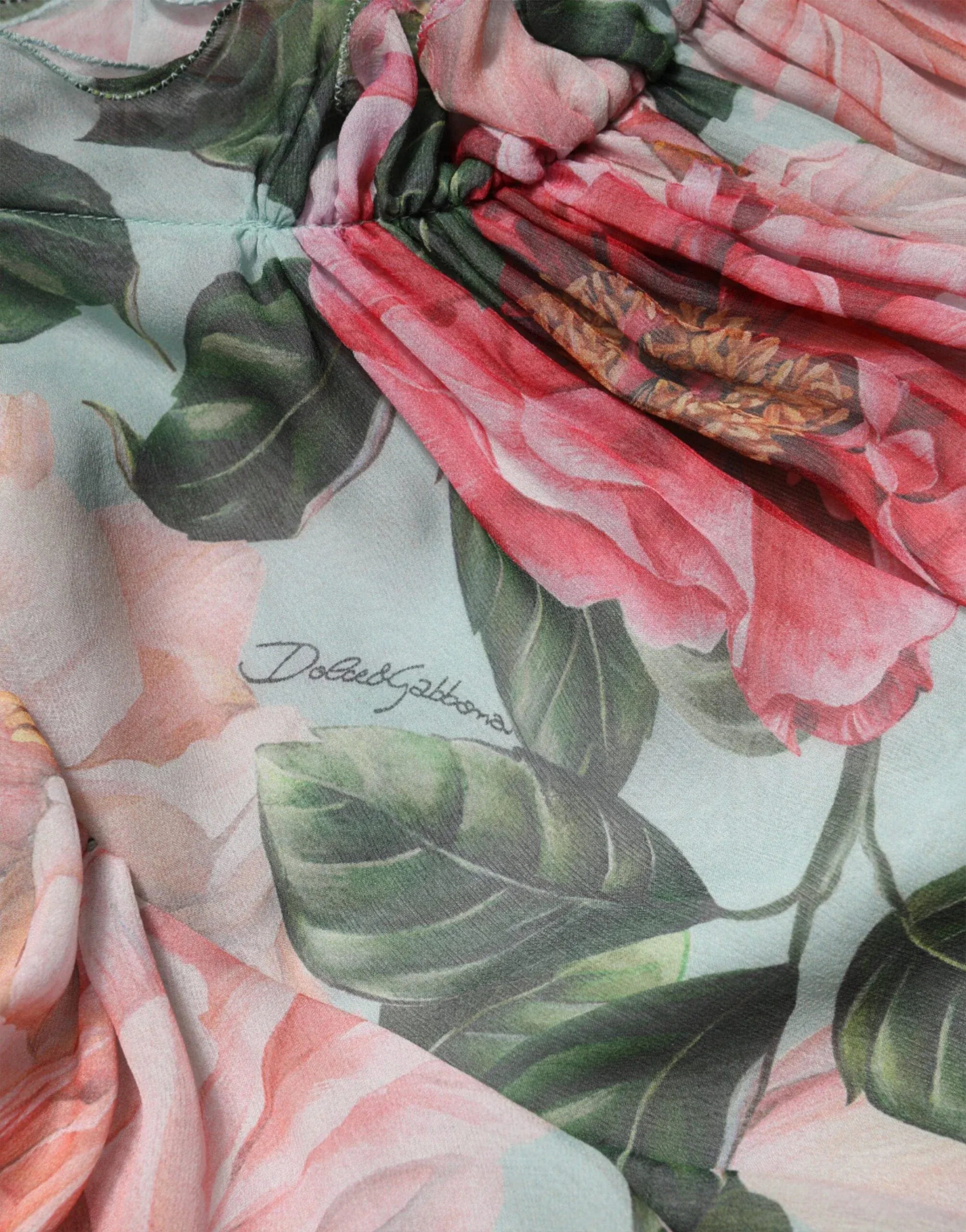 Dolce & Gabbana Camellia-Print Pleated Silk-Chiffon Mini Dress