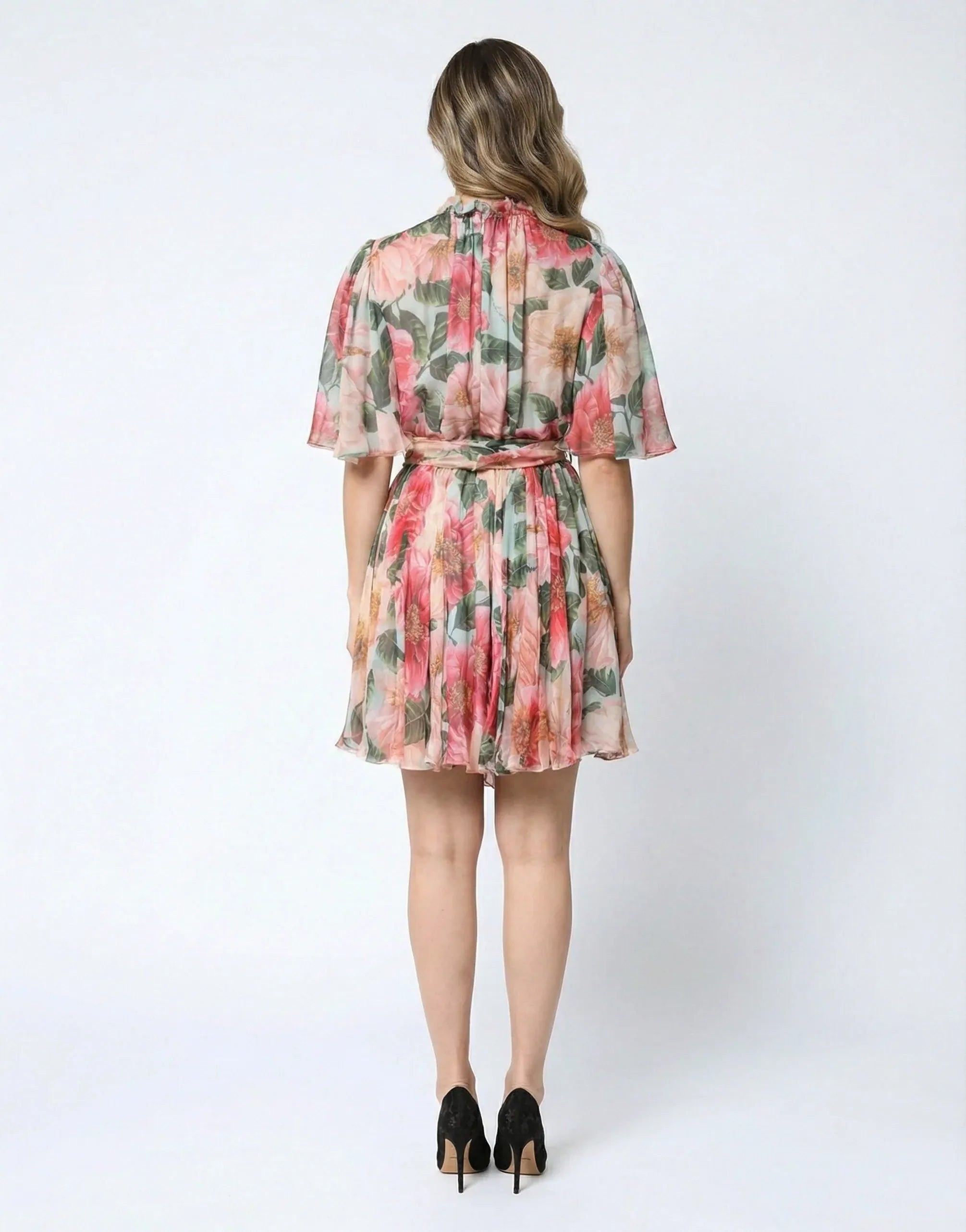 Dolce & Gabbana Camellia-Print Pleated Silk-Chiffon Mini Dress