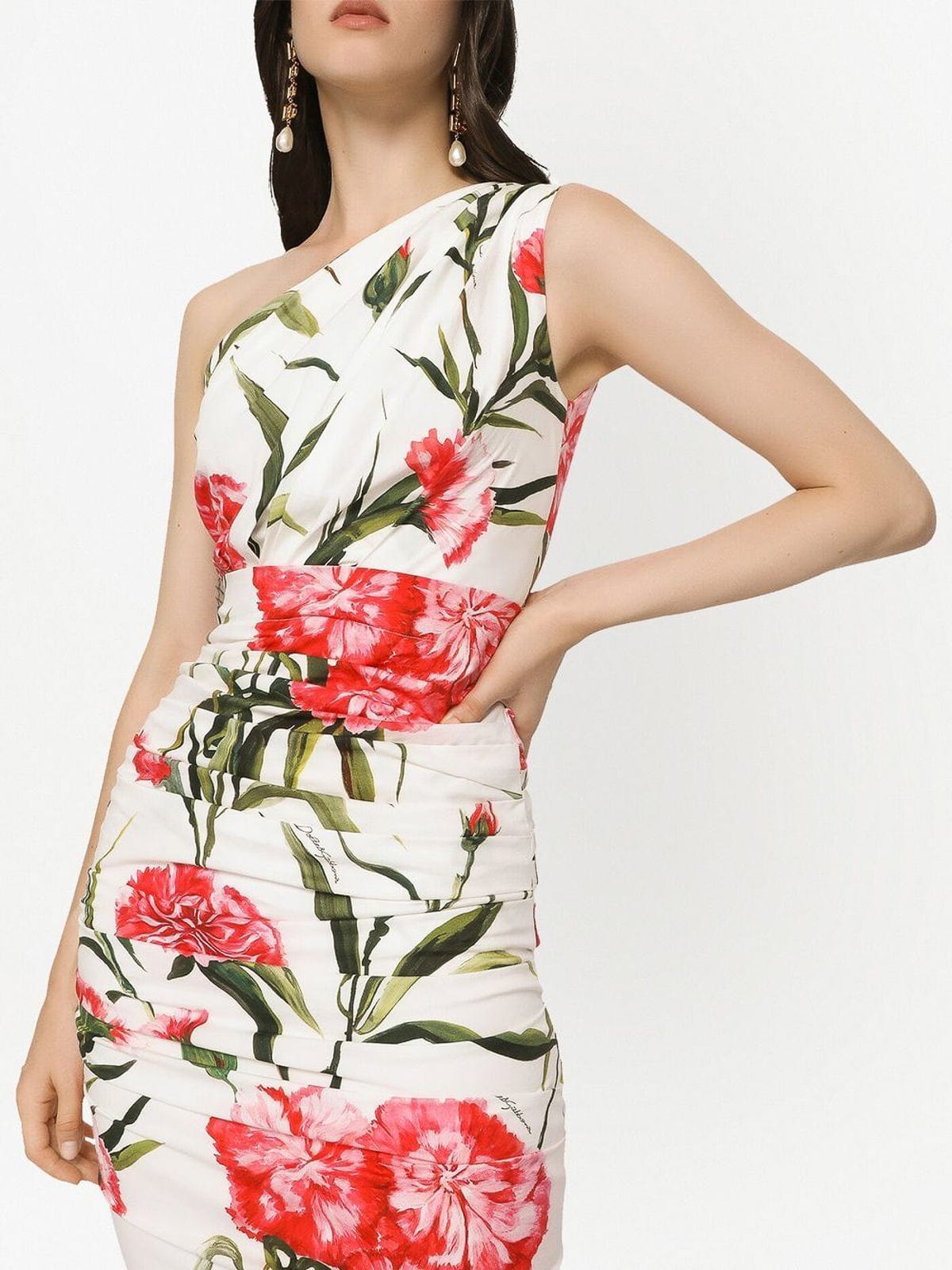 Dolce & Gabbana Carnation-Print One-Shoulder Dress