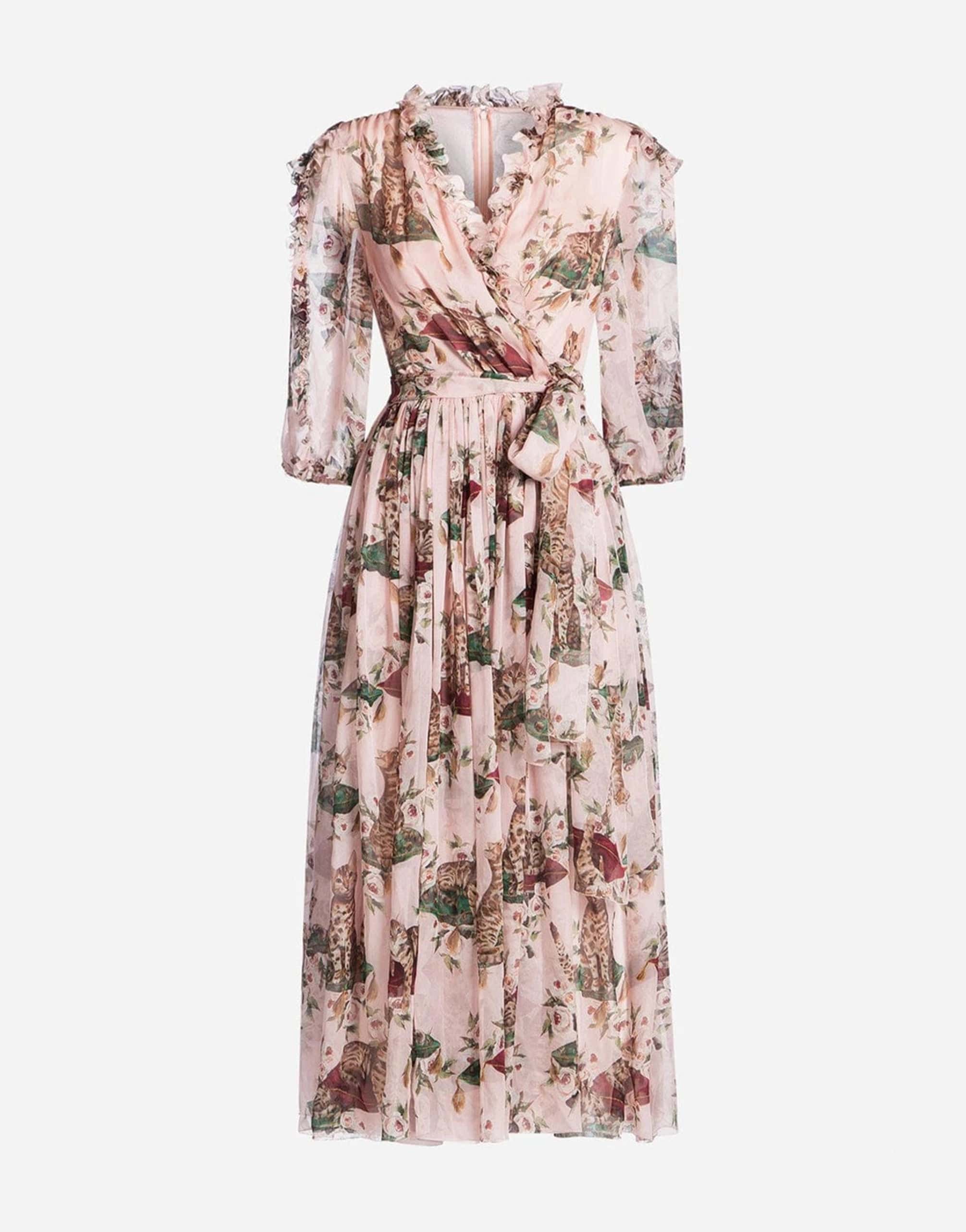 Dolce & Gabbana Cat & Floral Chiffon Wrap Dress Dolce & Gabbana Cat & Floral Chiffon Wrap Dress