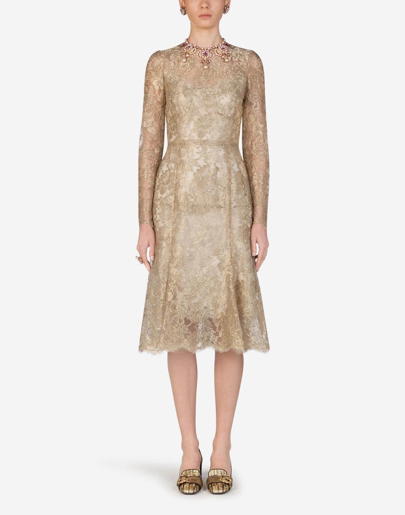 Dolce & Gabbana Gold Floral Lace Long Sleeves Fit & Flare Dress Dolce & Gabbana Gold Floral Lace Long Sleeves Fit & Flare Dress