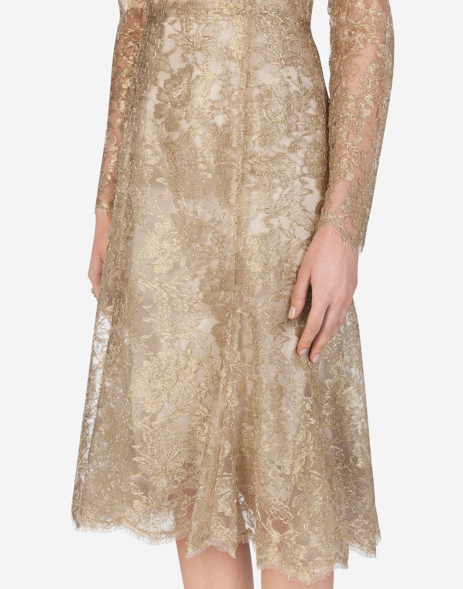 Dolce & Gabbana Gold Floral Lace Long Sleeves Fit & Flare Dress Dolce & Gabbana Gold Floral Lace Long Sleeves Fit & Flare Dress